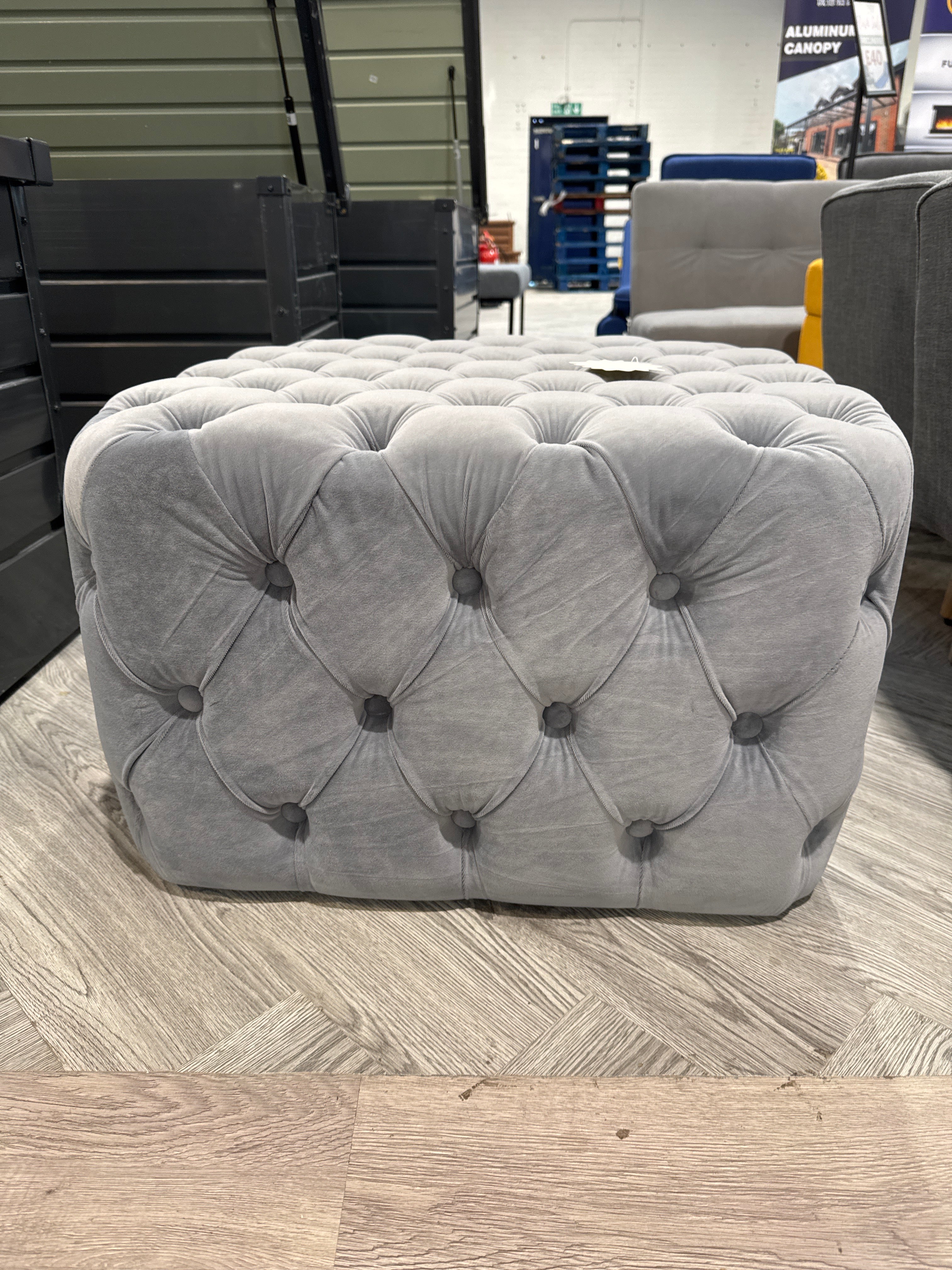 Grey Velvet Buttoned Tufted Footstool 62cm x 62cm