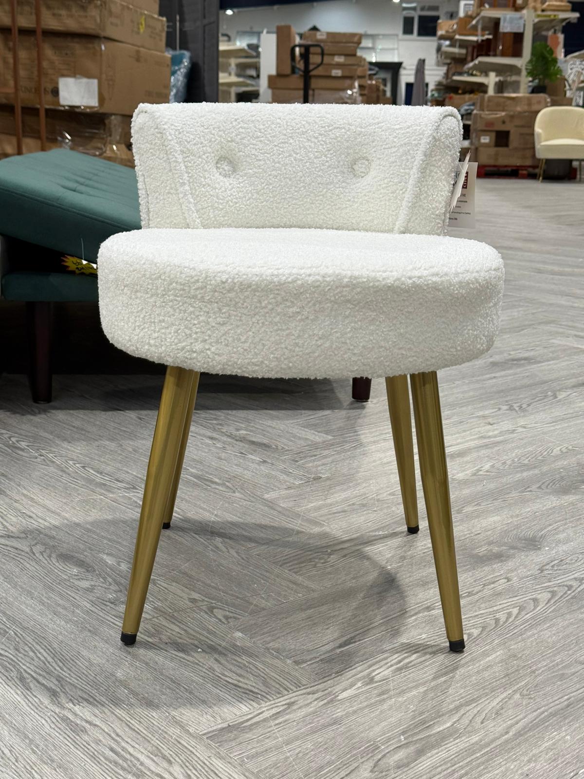Teddy Fleece Dressing Table Stool with Gold Metal Legs White