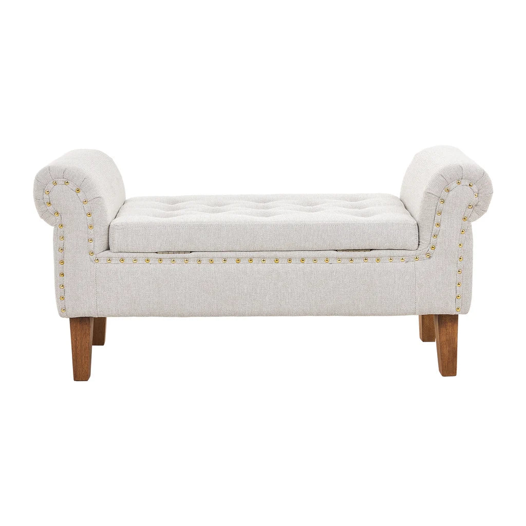 New Linen Upholstered Storage Bench with Wooden Legs Beige