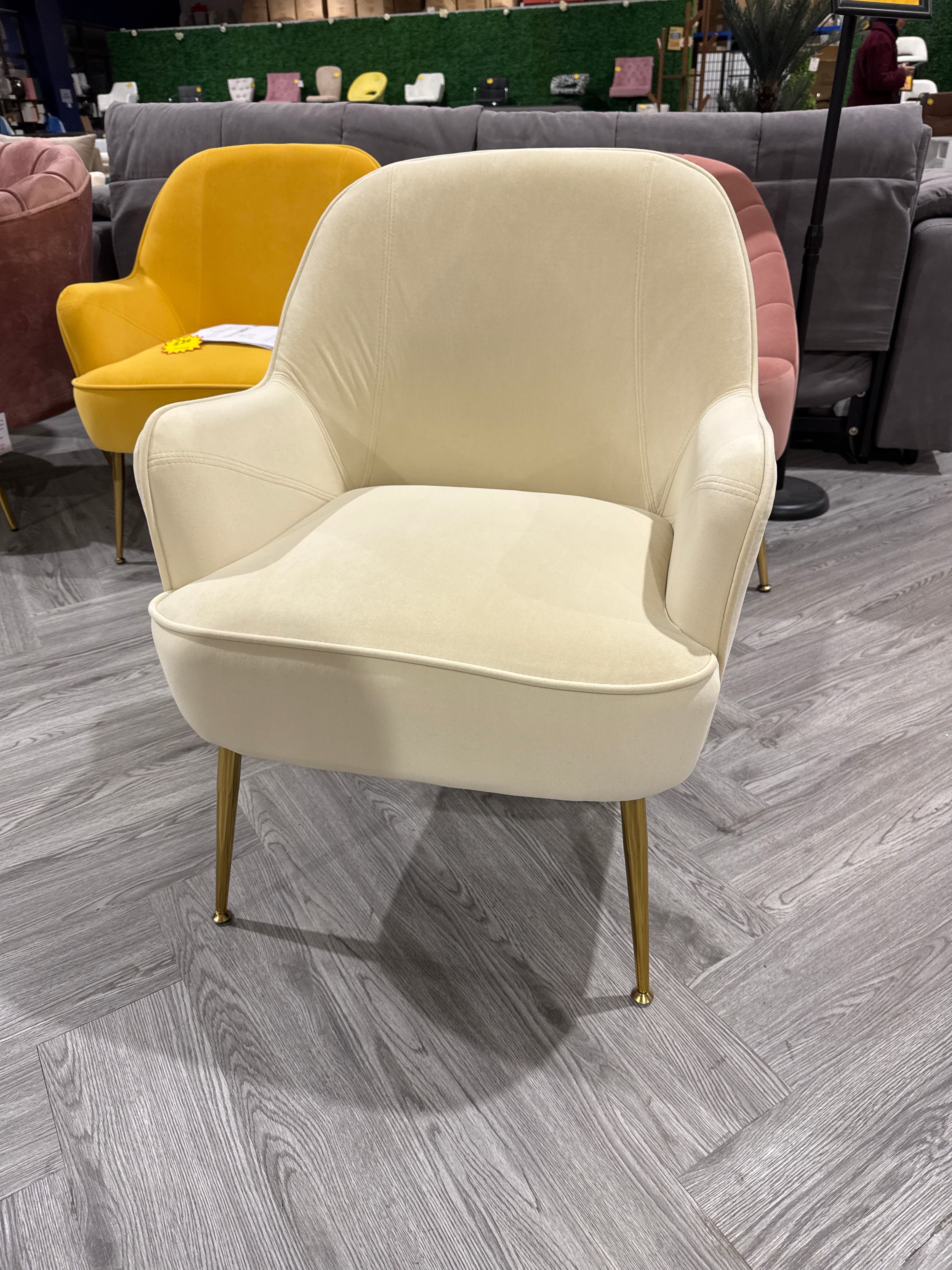 White Contemporary Upholstered Comfy Armchair with Gold Plated Feet
