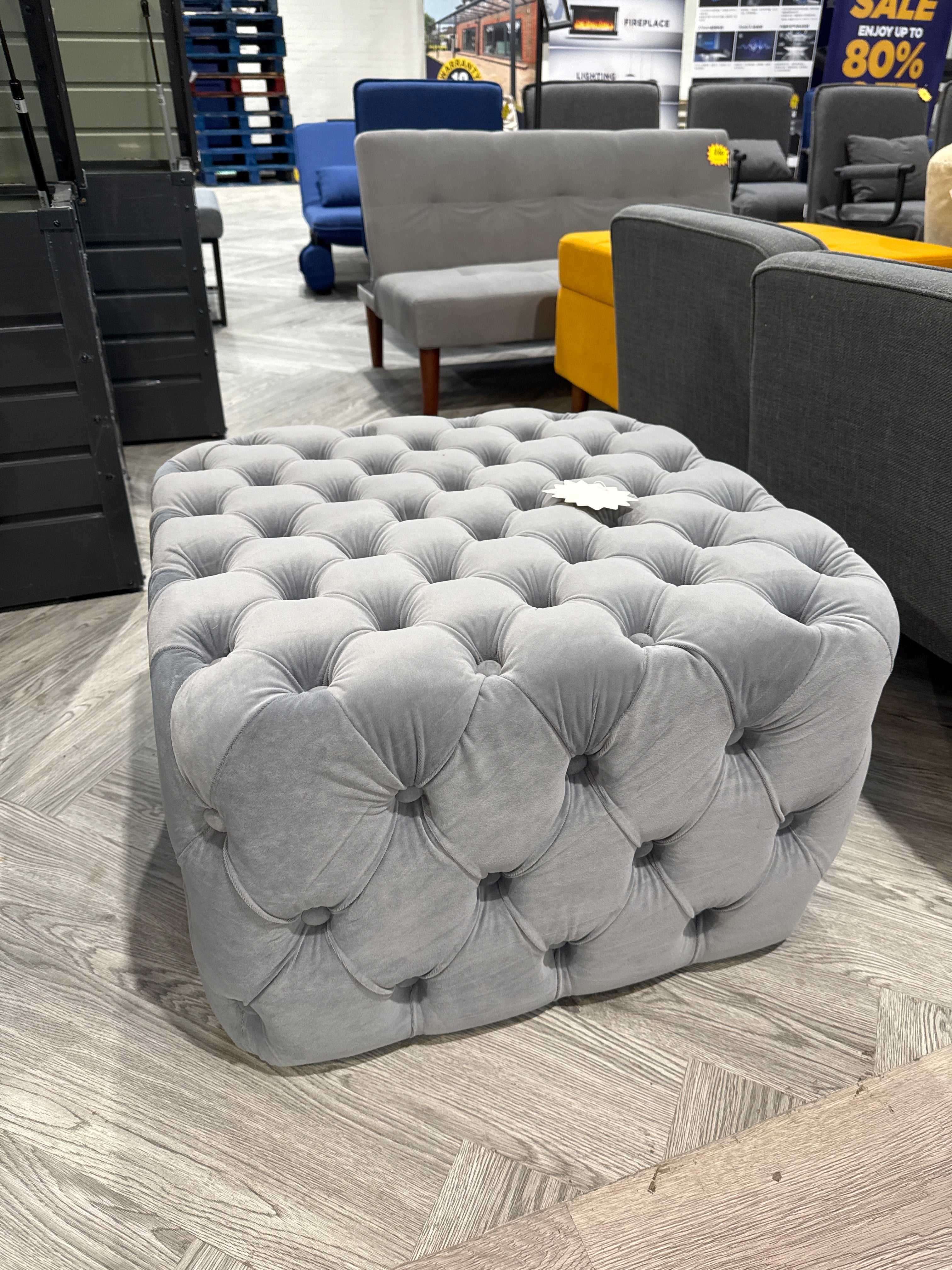 Grey Velvet Buttoned Tufted Footstool 62cm x 62cm