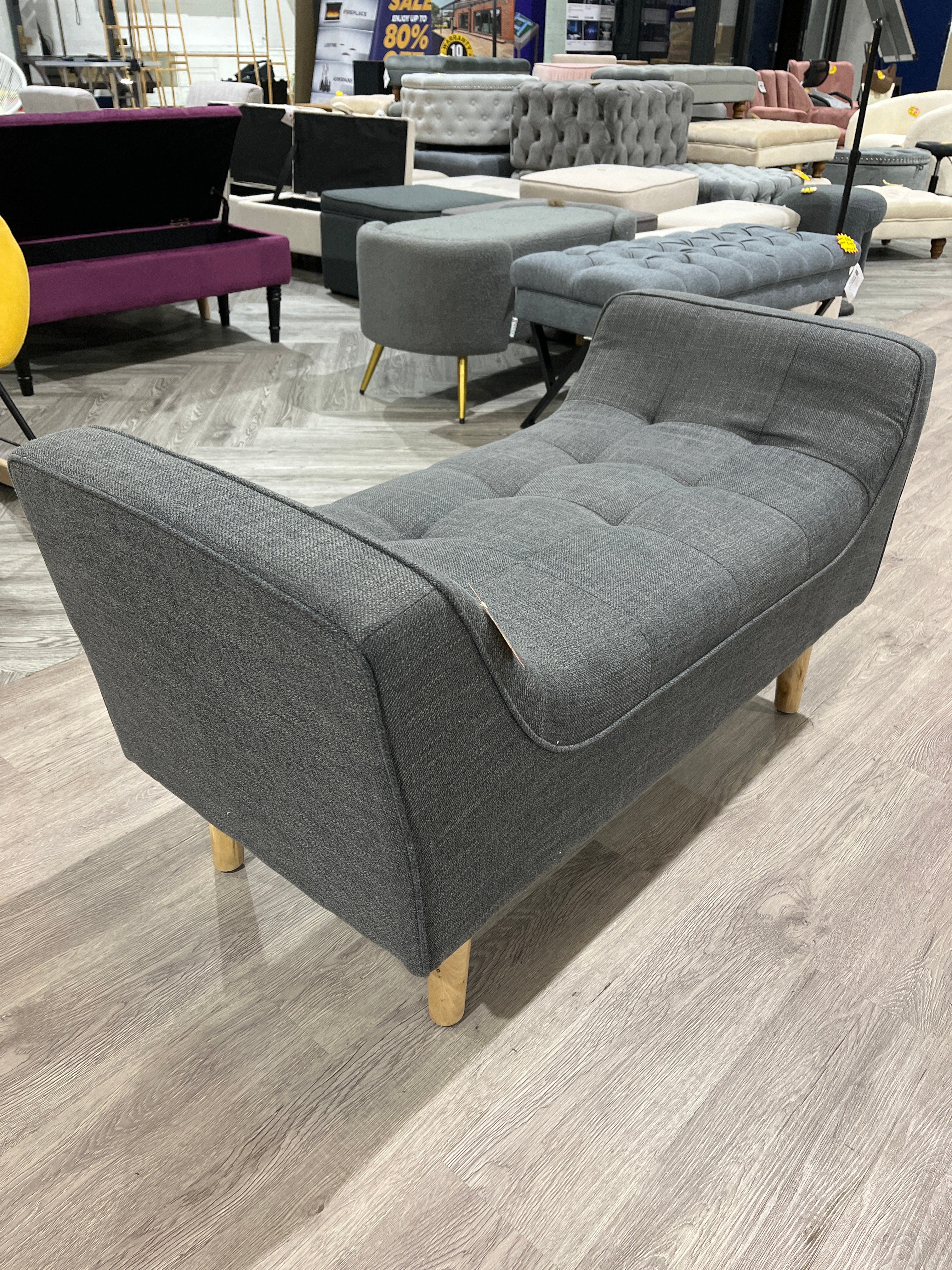 Grey Soft Chenille Upholstered Bench with Natural Colour Wooden Legs