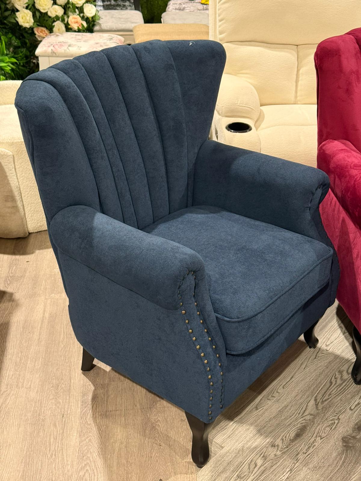 Elegant Chenille Armchair with Rubberwood Legs Blue