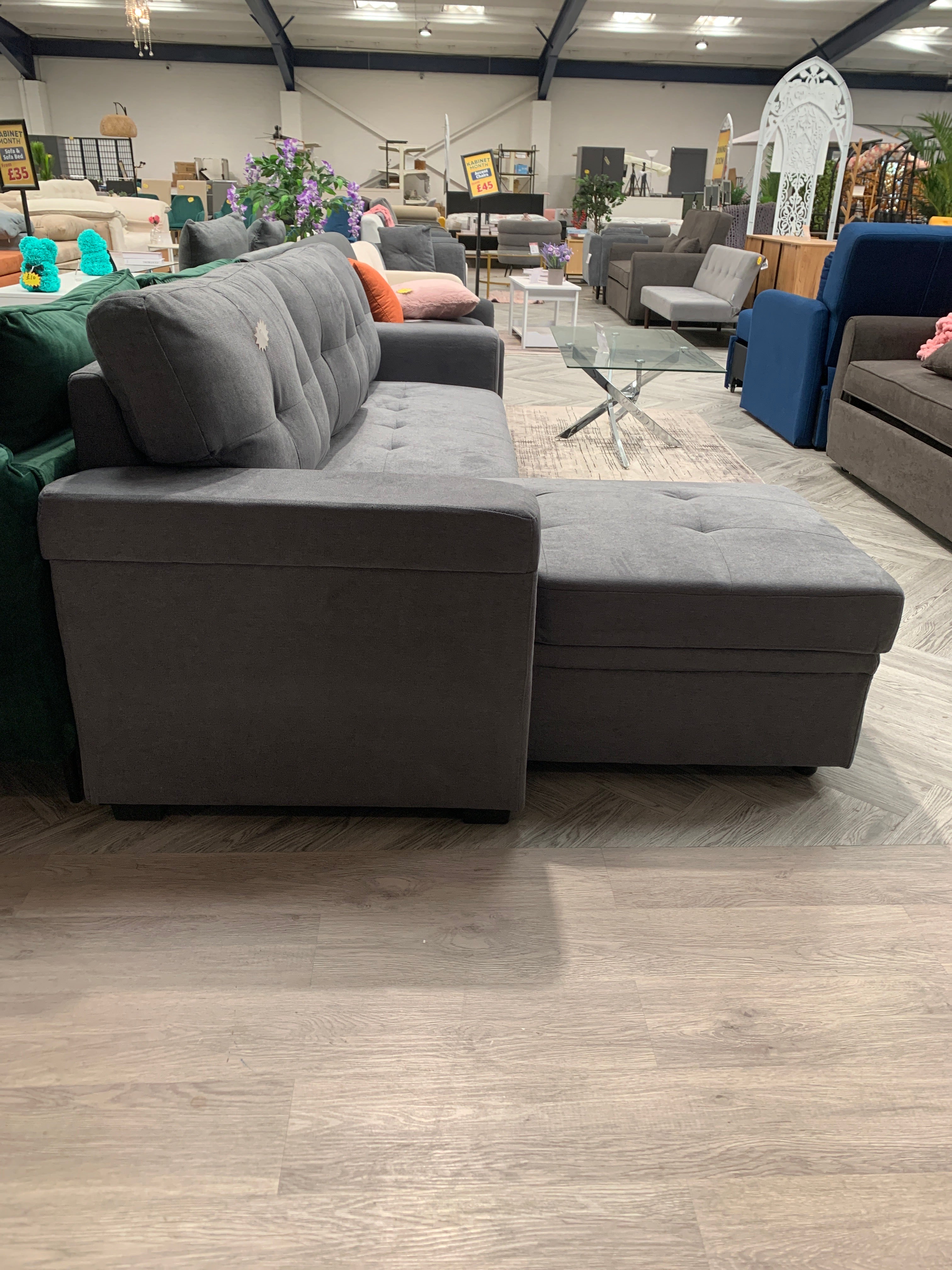 3 Seater Button Tufted Corner Sofa Bed Grey