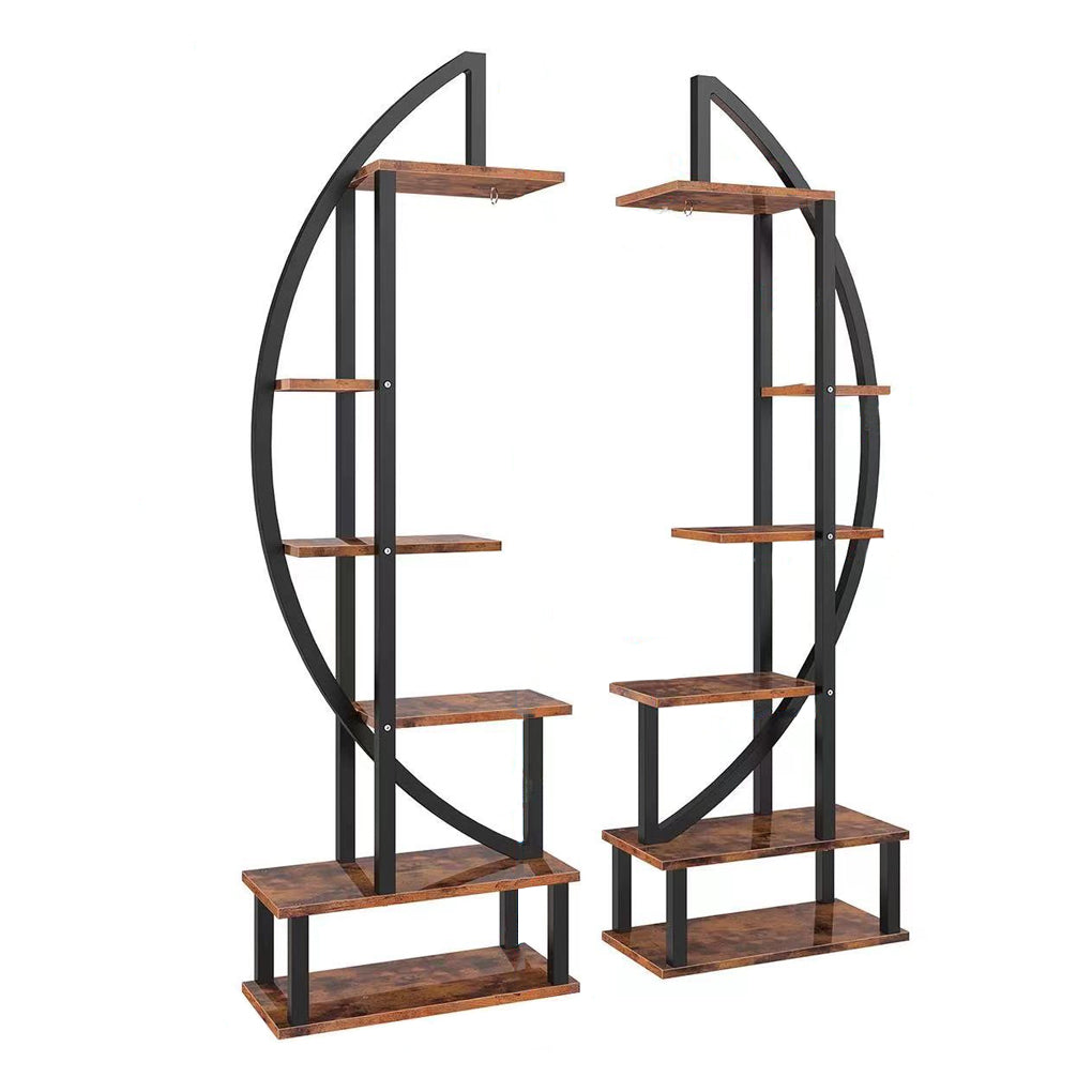 New 2PCS Rustic Brown Crescent Wood Tiered Plant Stand