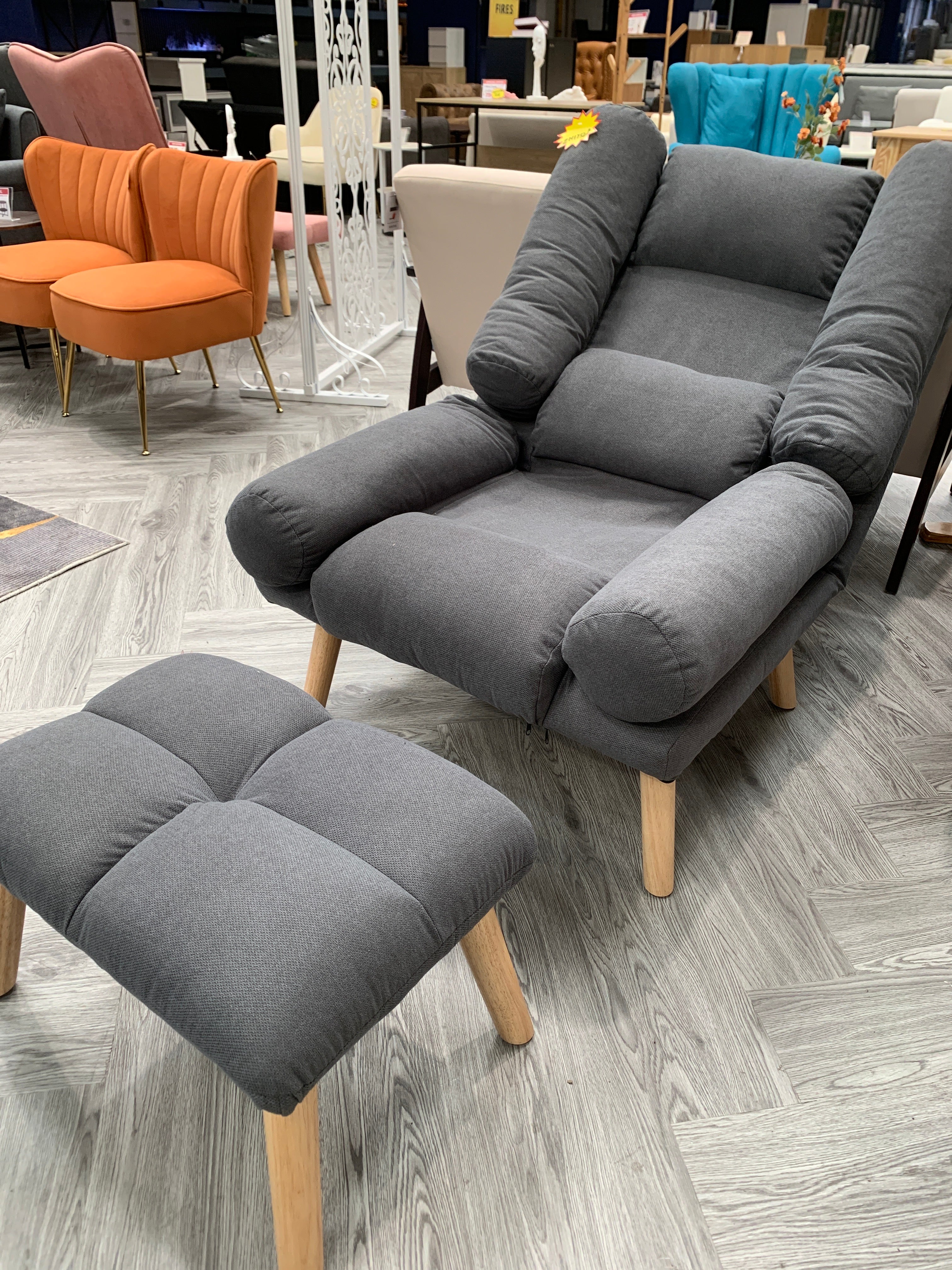 Modern Fabric Upholstered Recliner with Footstool with Side Bolsters Grey