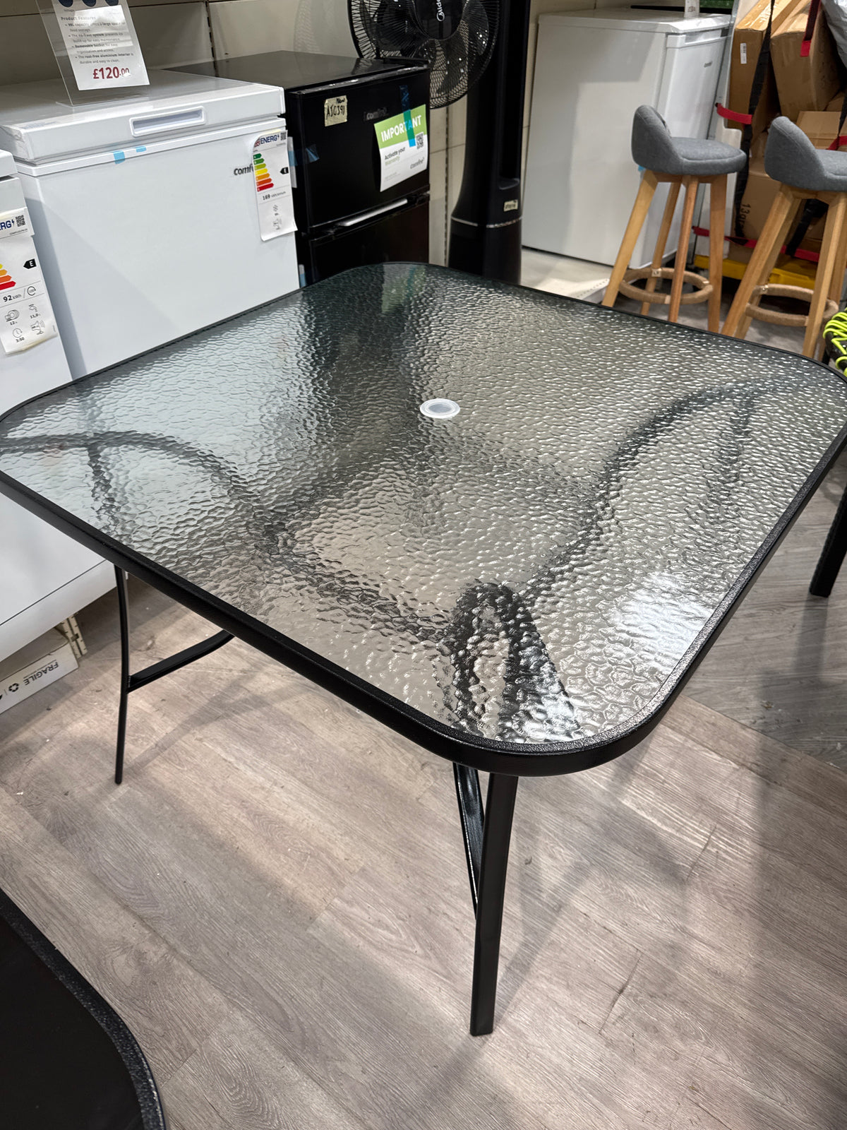 Tempered Glass Outdoor Square Coffee Table with Parasol Hole 105 x 105cm