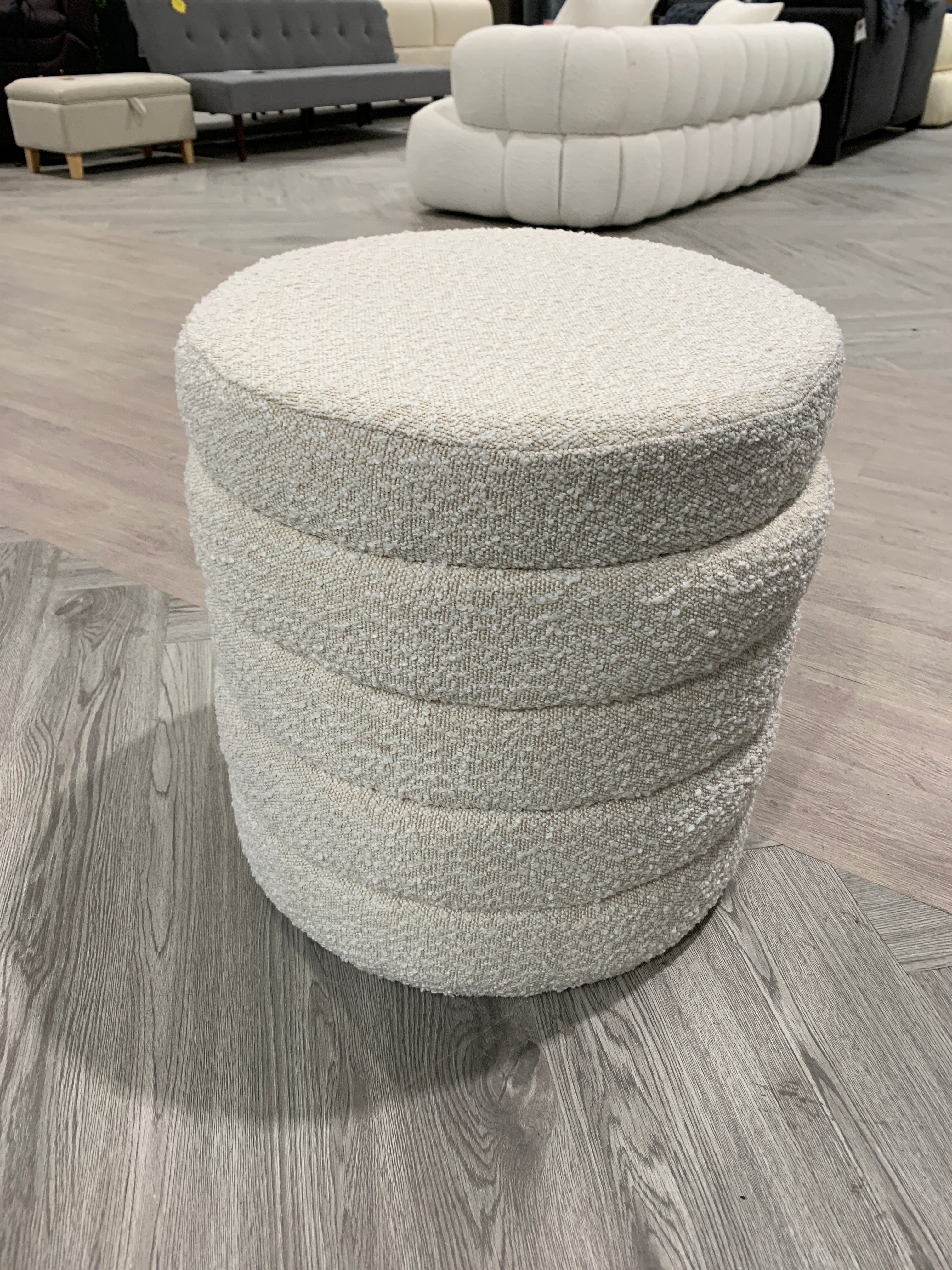 Teddy Bear Fur Round Storage Ottoman Beige