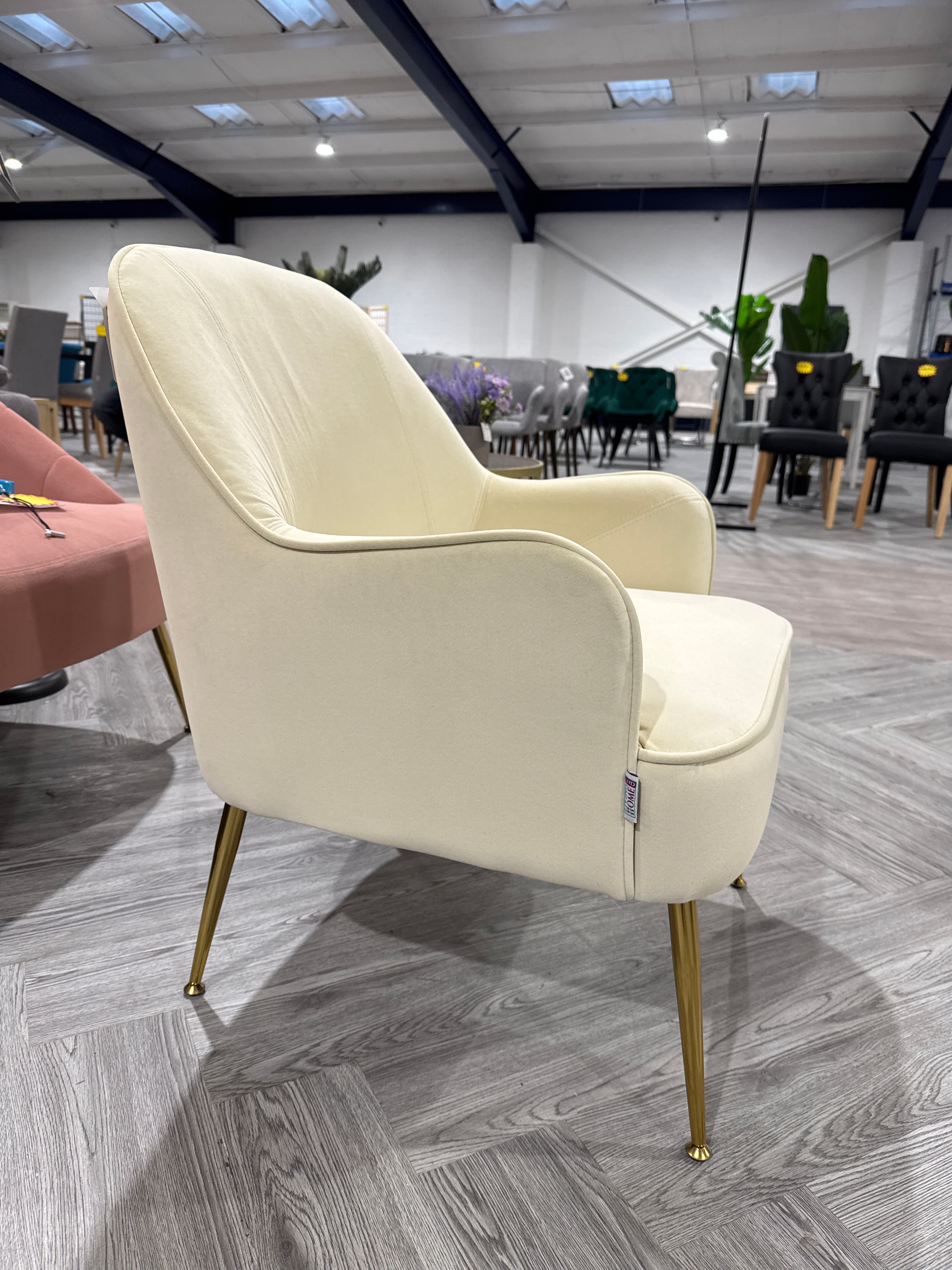 White Contemporary Upholstered Comfy Armchair with Gold Plated Feet