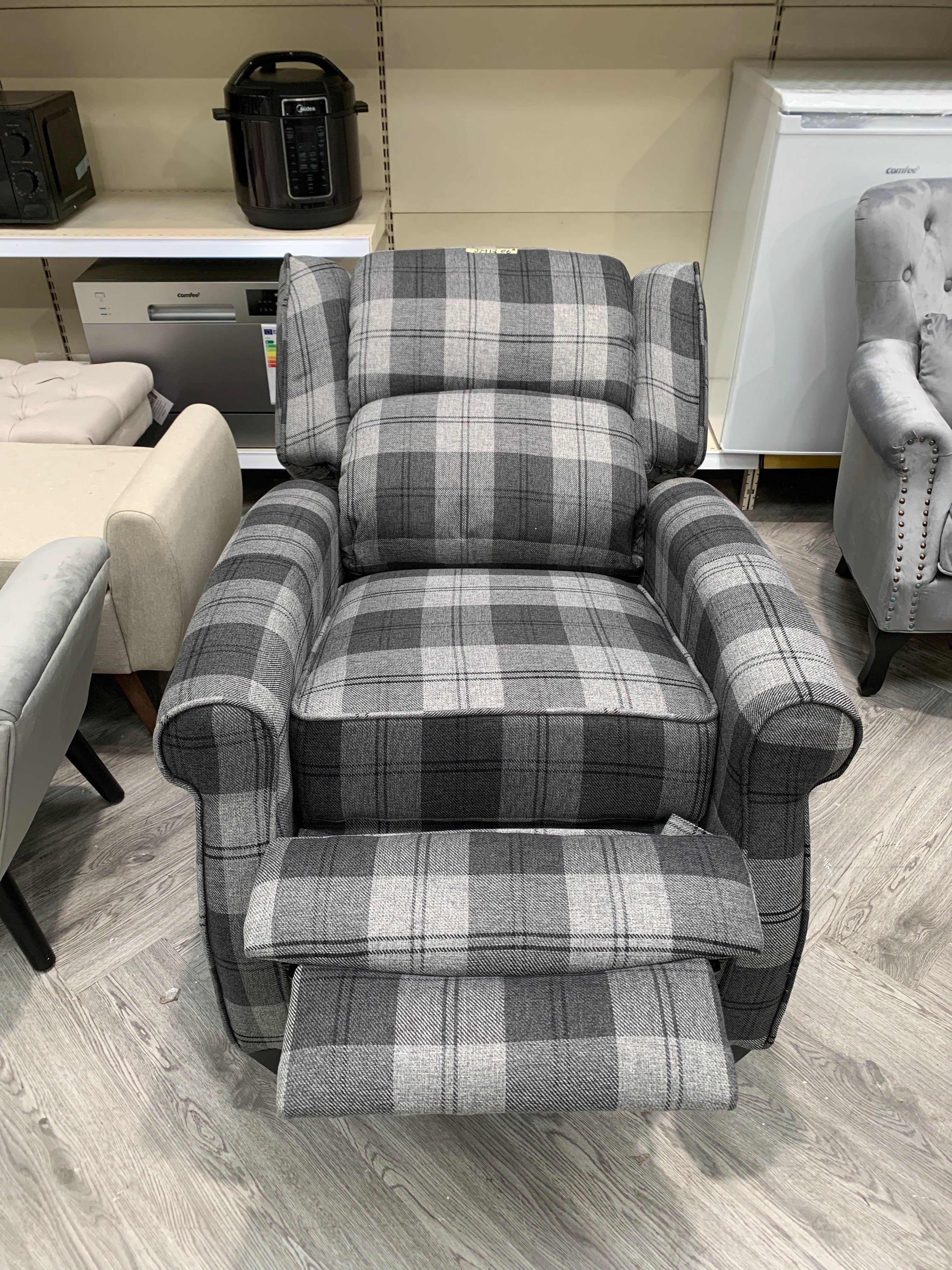 High Back Fabric Armchair Grey Tartan Motion Reclining Chair