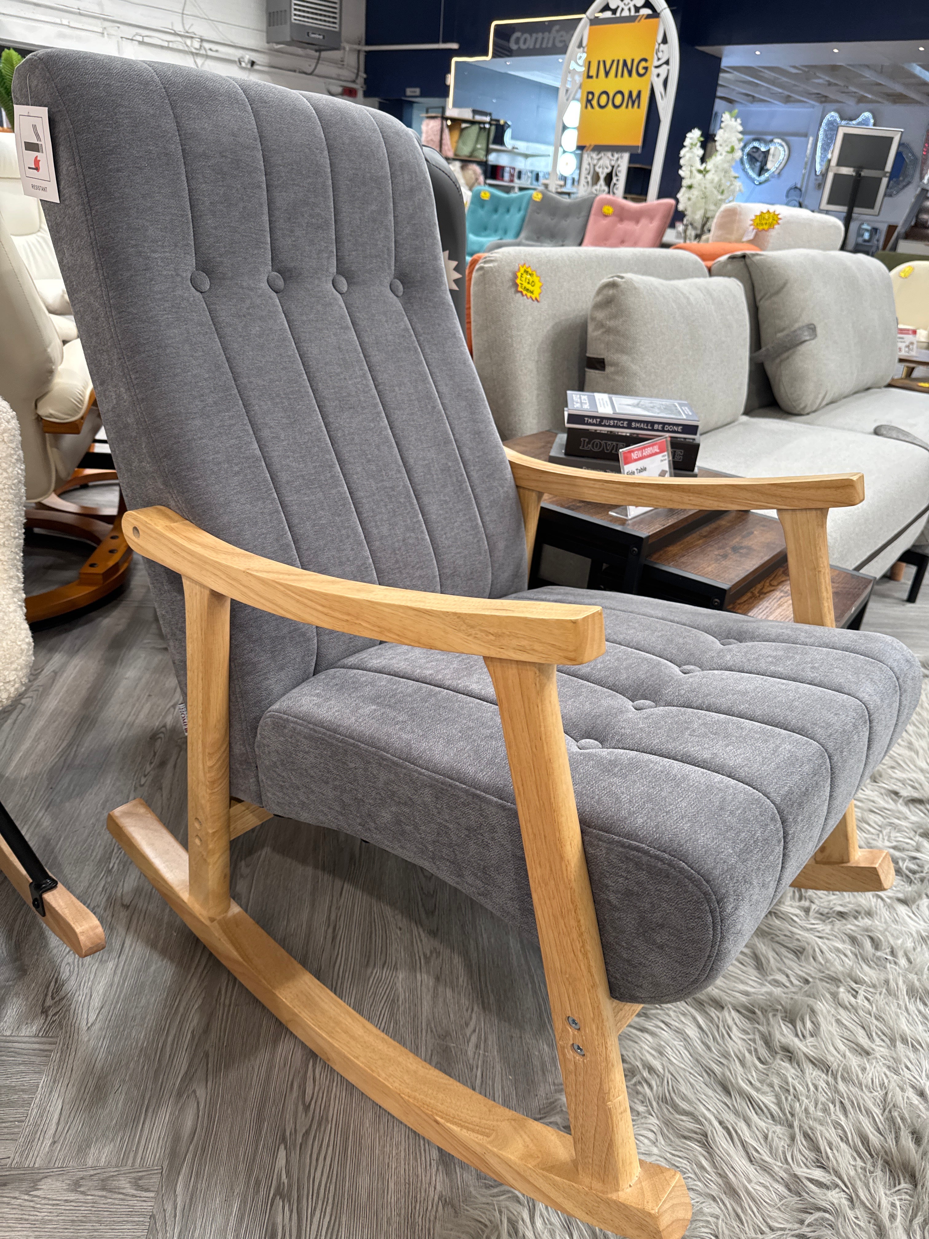 Dark Grey Velvet Upholstered Tufting Wooden Arms Rocking Chair