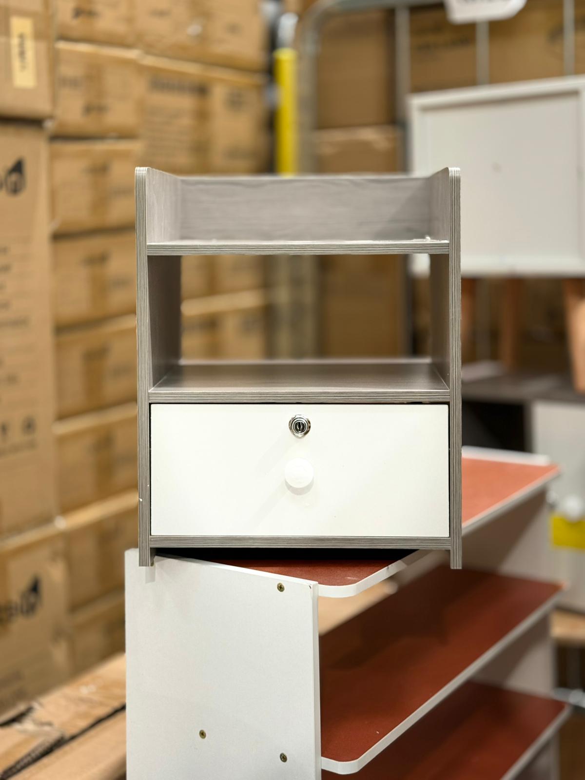 Modern 1 Drawer with Lock Bedside Table Nightstand Grey and White