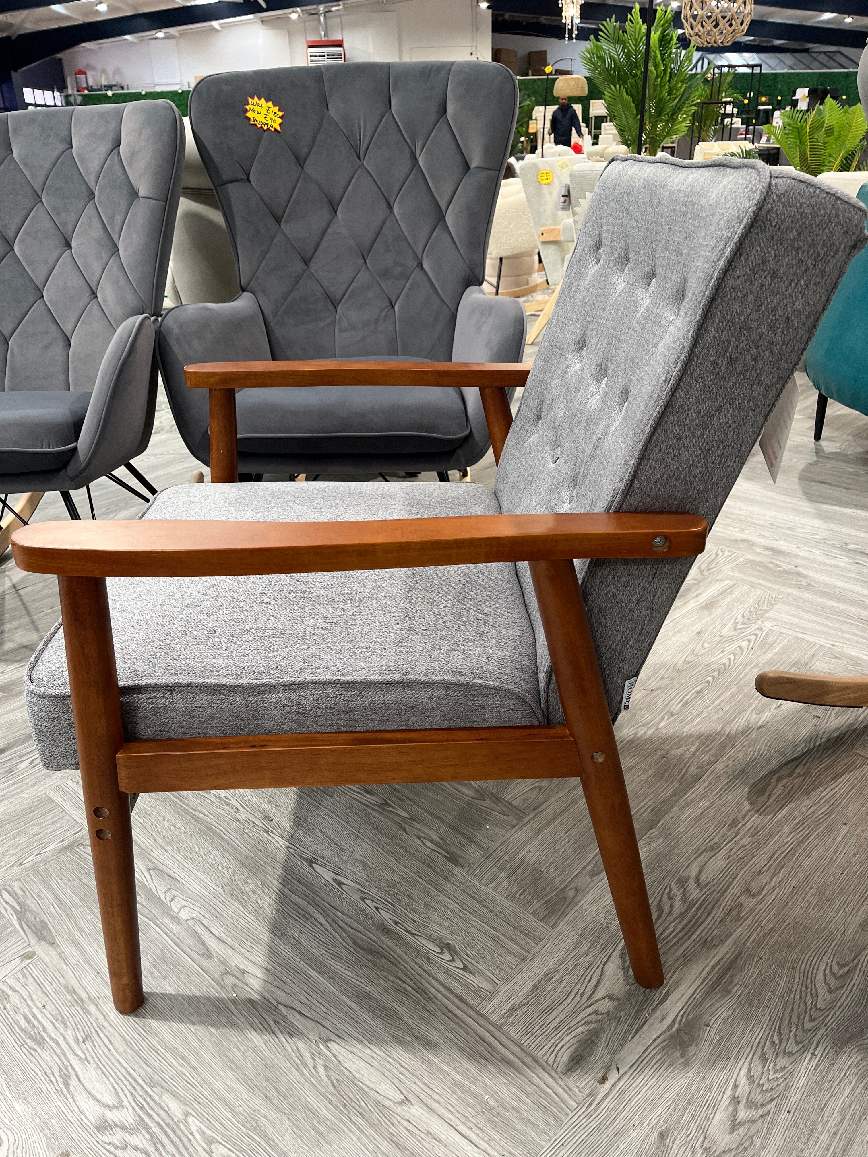 Grey Linen Upholstered Modern Wood Frame Armchair
