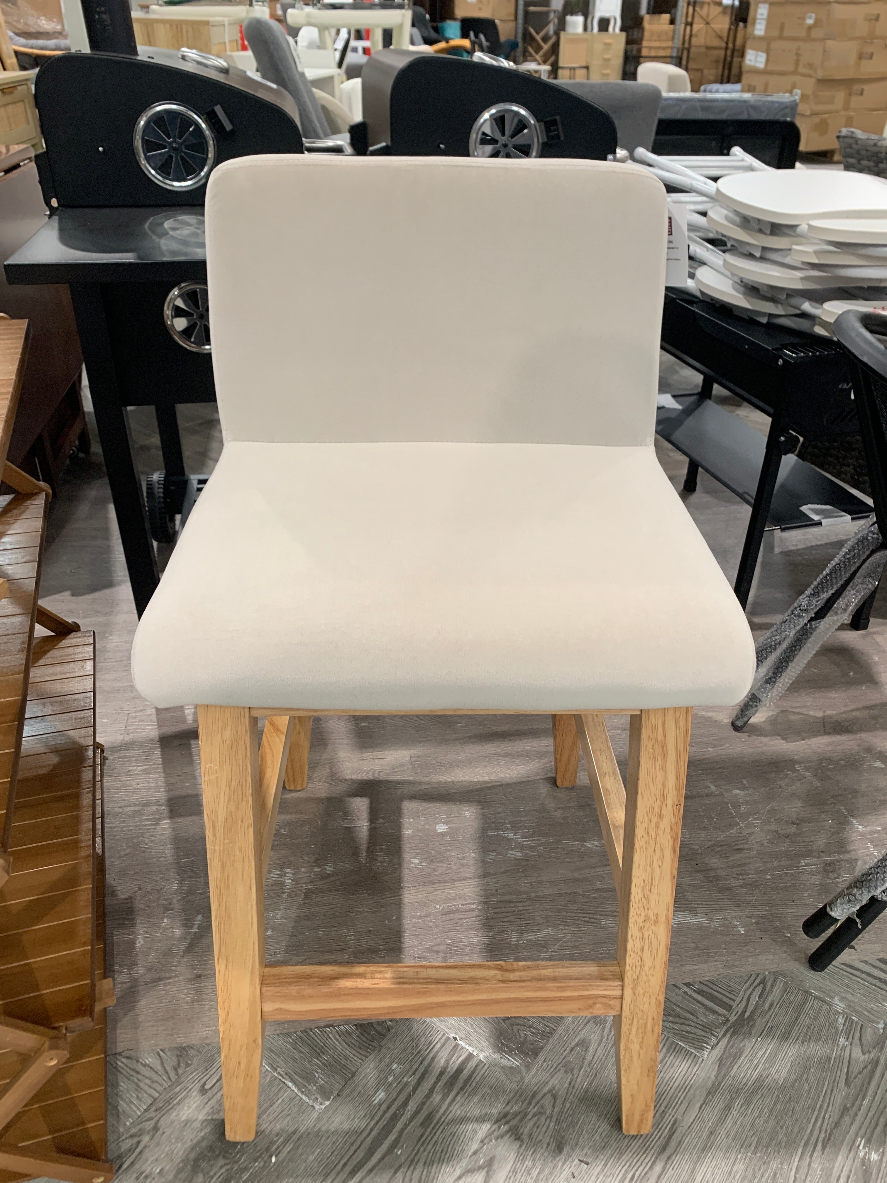 Velvet Upholstered Bar Stool with Wooden Legs Beige 1PC