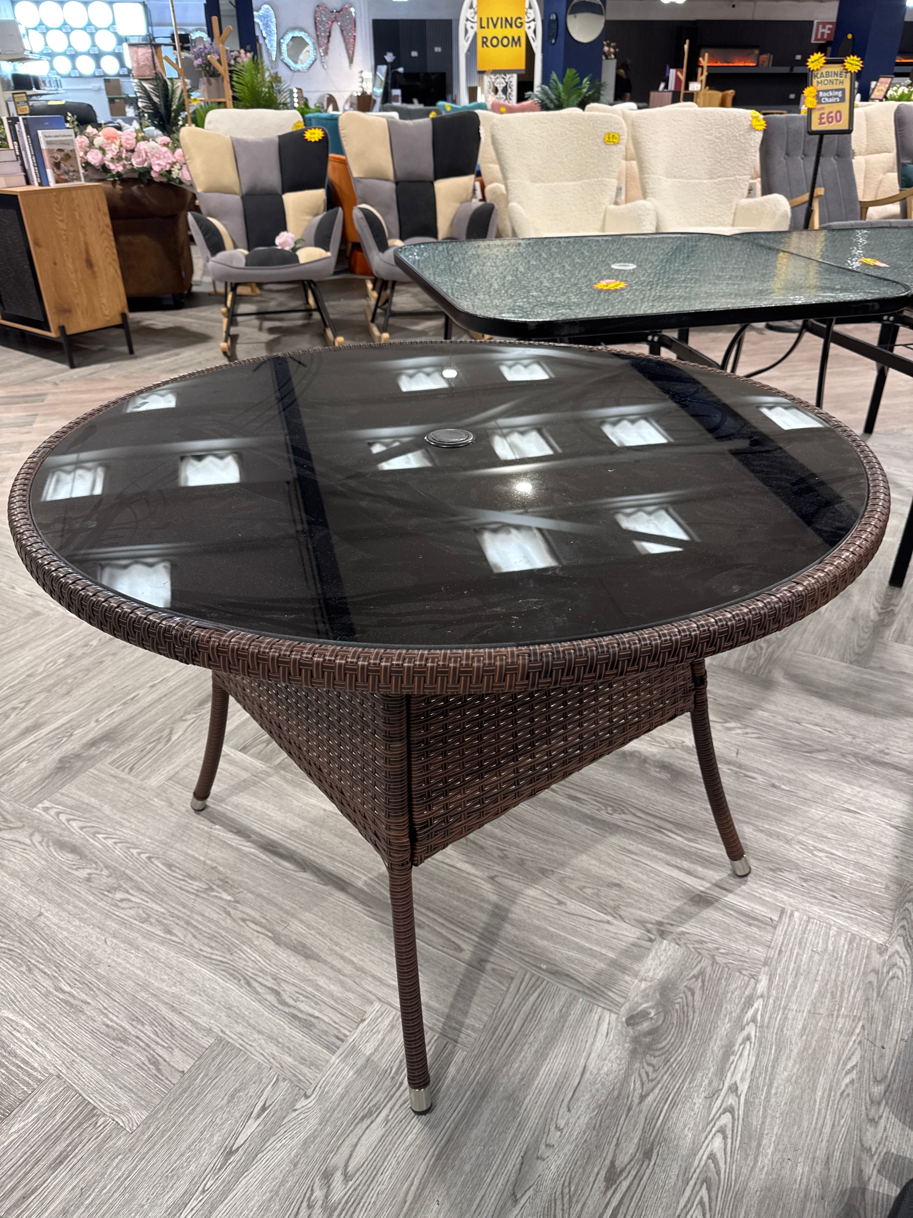 Brown Round Garden Wicker Tempered Glass Table with Parasol Hole 105cm Dia