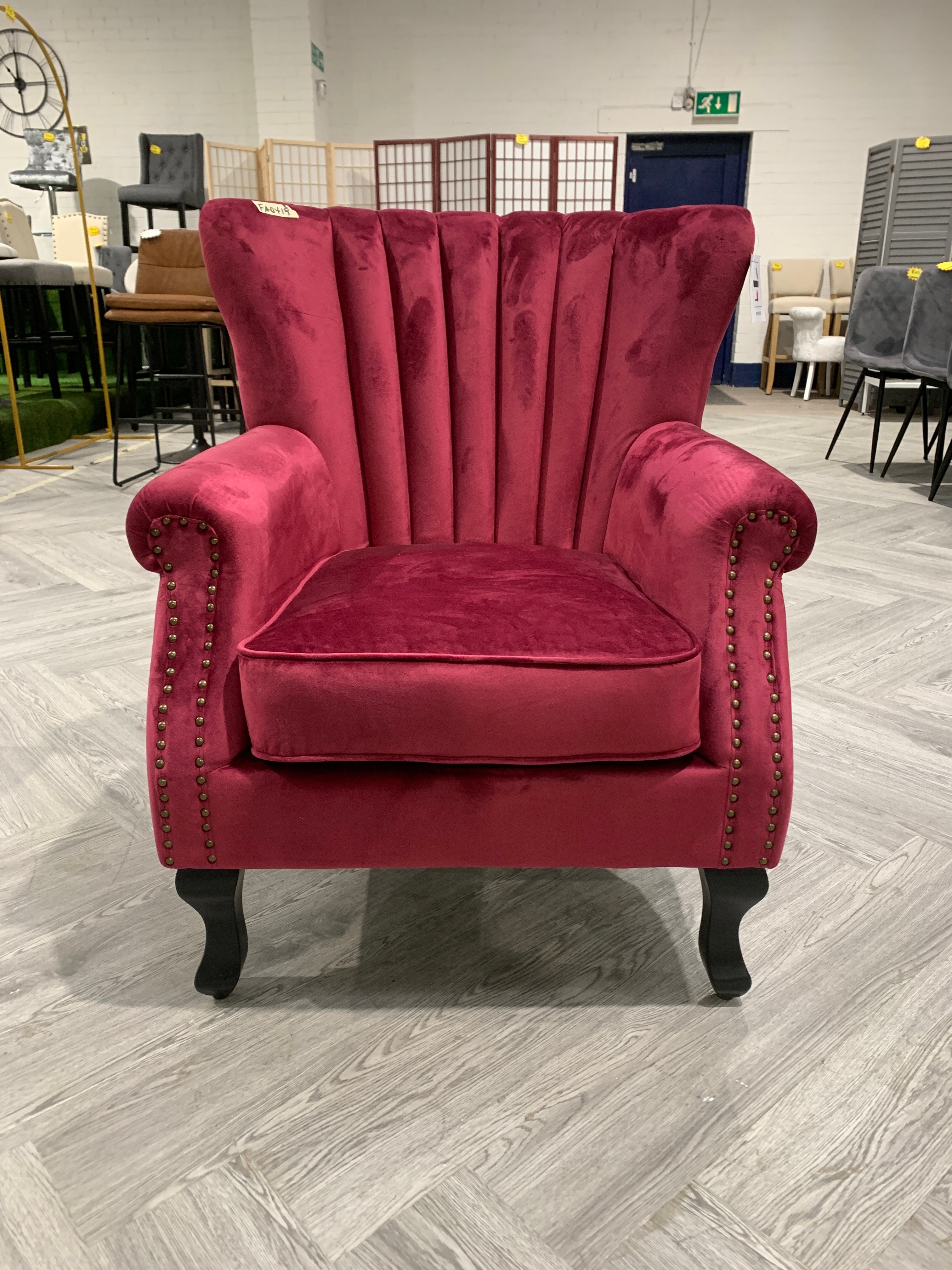 Wine Red Vintage Velvet Upholstered Wing Back Armchair with Studs