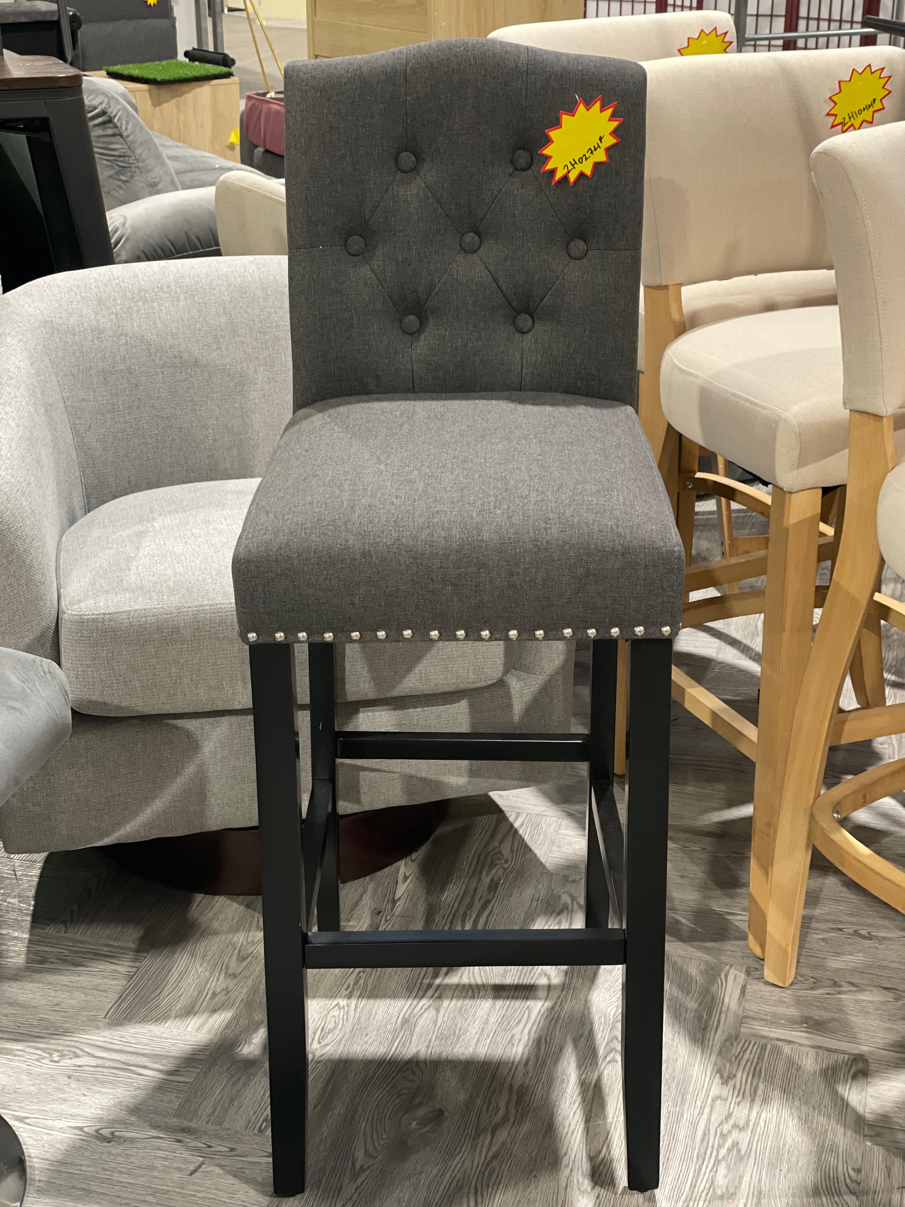 Dark Grey Linen Bar Stool with Button Tufting and Black Rubberwood Legs