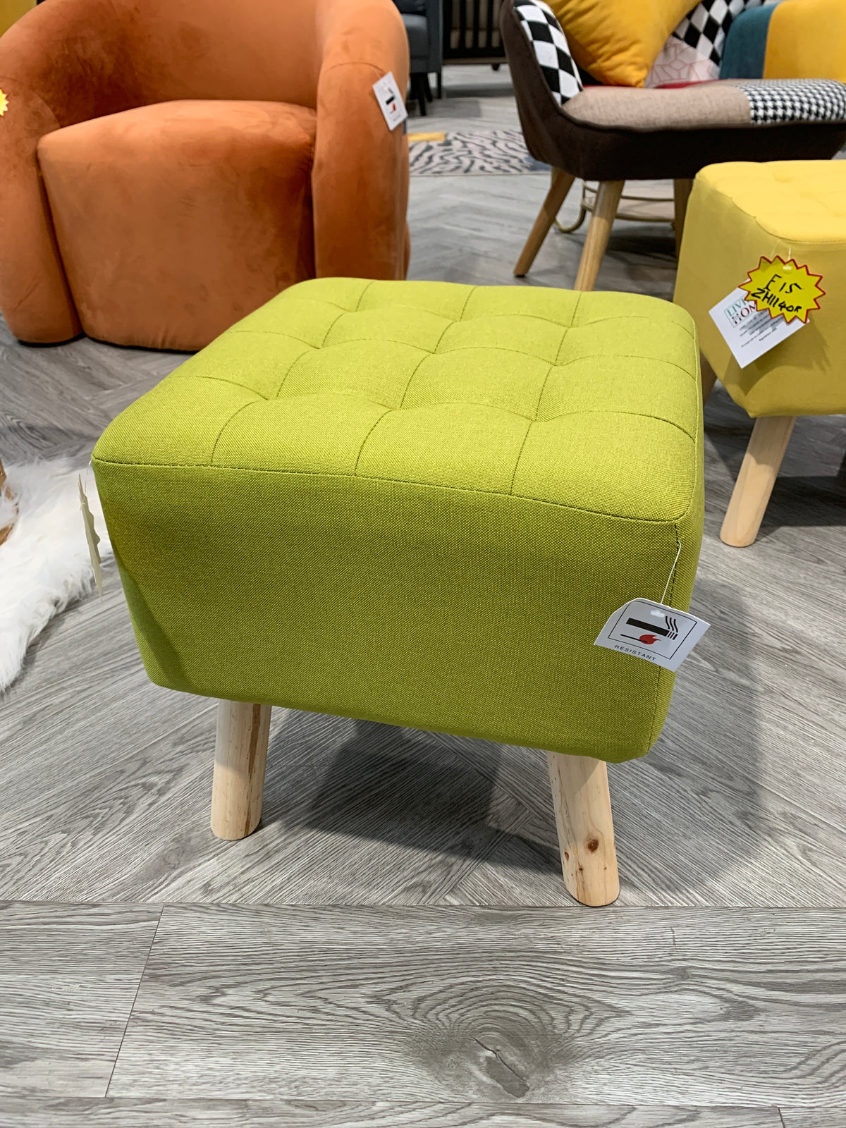 Linen Fabric Padded Wooden Leg Footstool Green