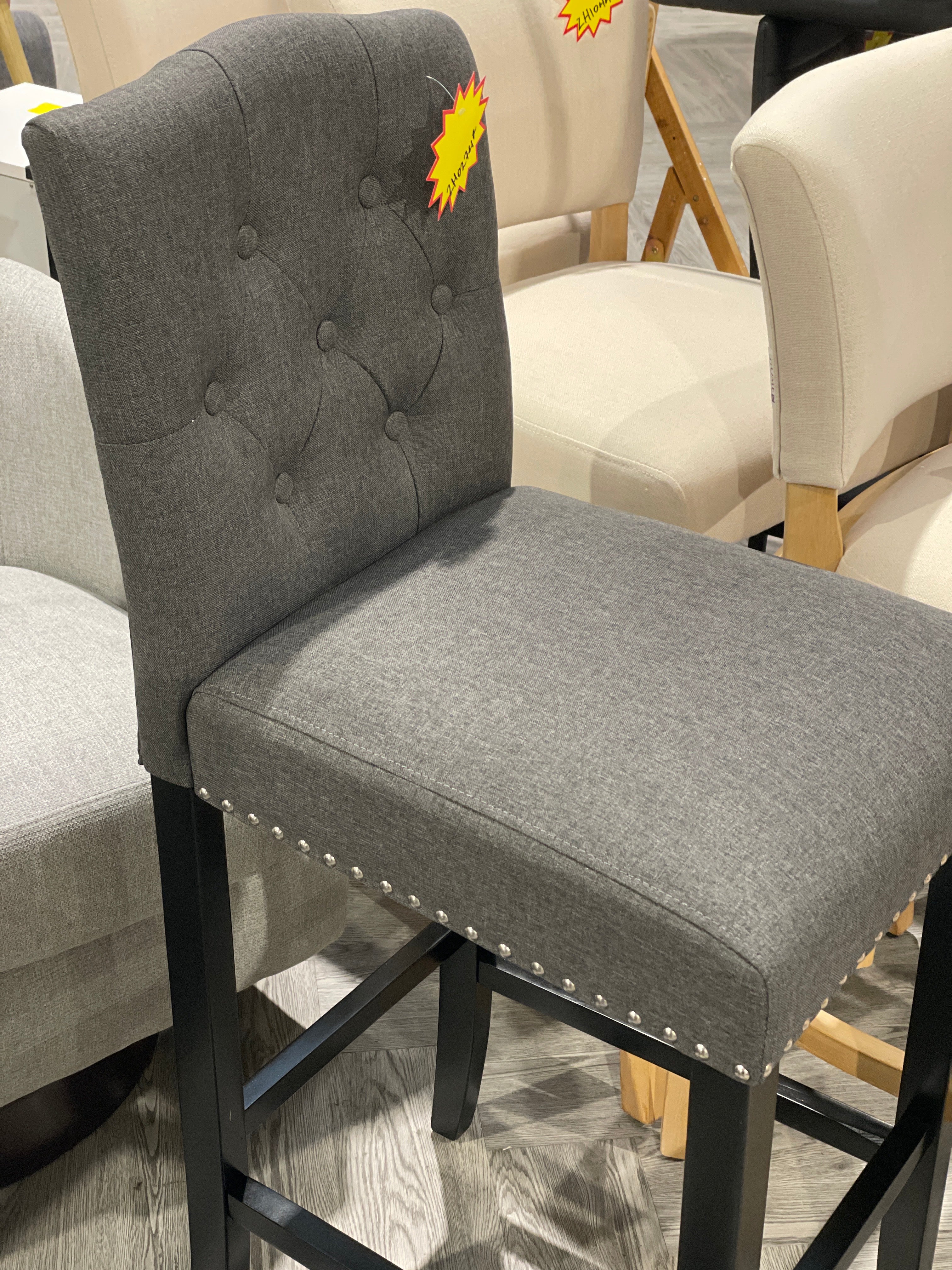 Dark Grey Linen Bar Stool with Button Tufting and Black Rubberwood Legs