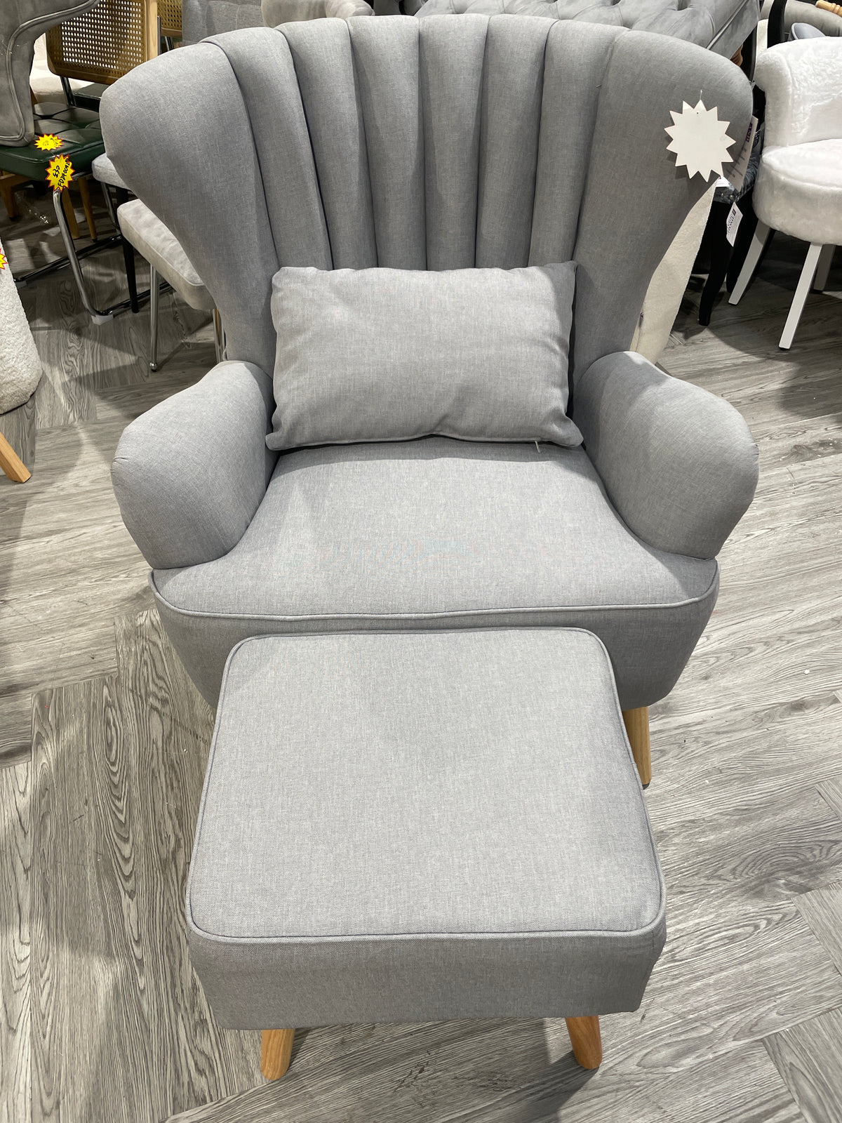 Wing Back Armchair with Footstool and Cushion Grey
