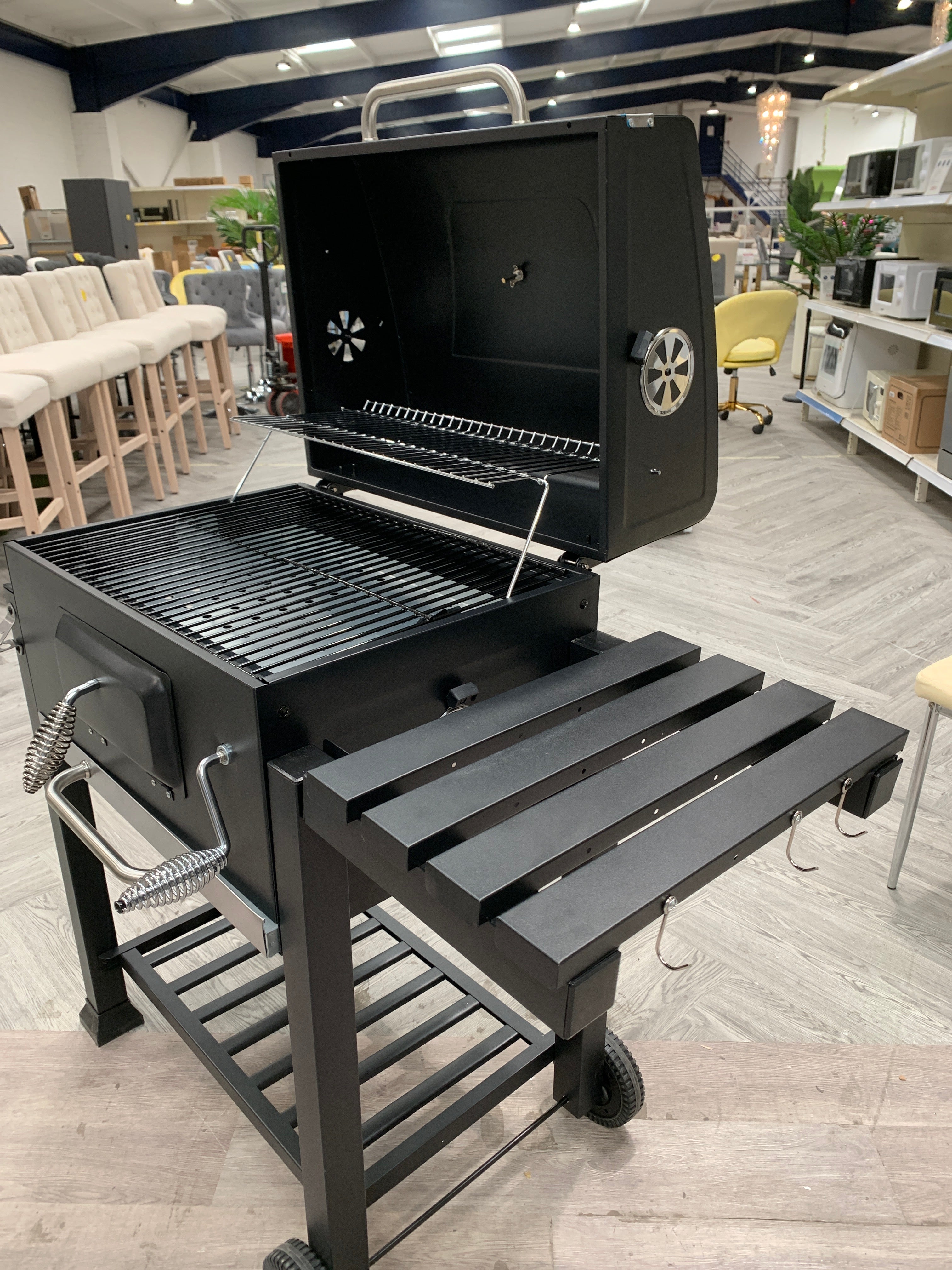 Black Steel Charcoal BBQ Grill with Wheels and Side Shelves
