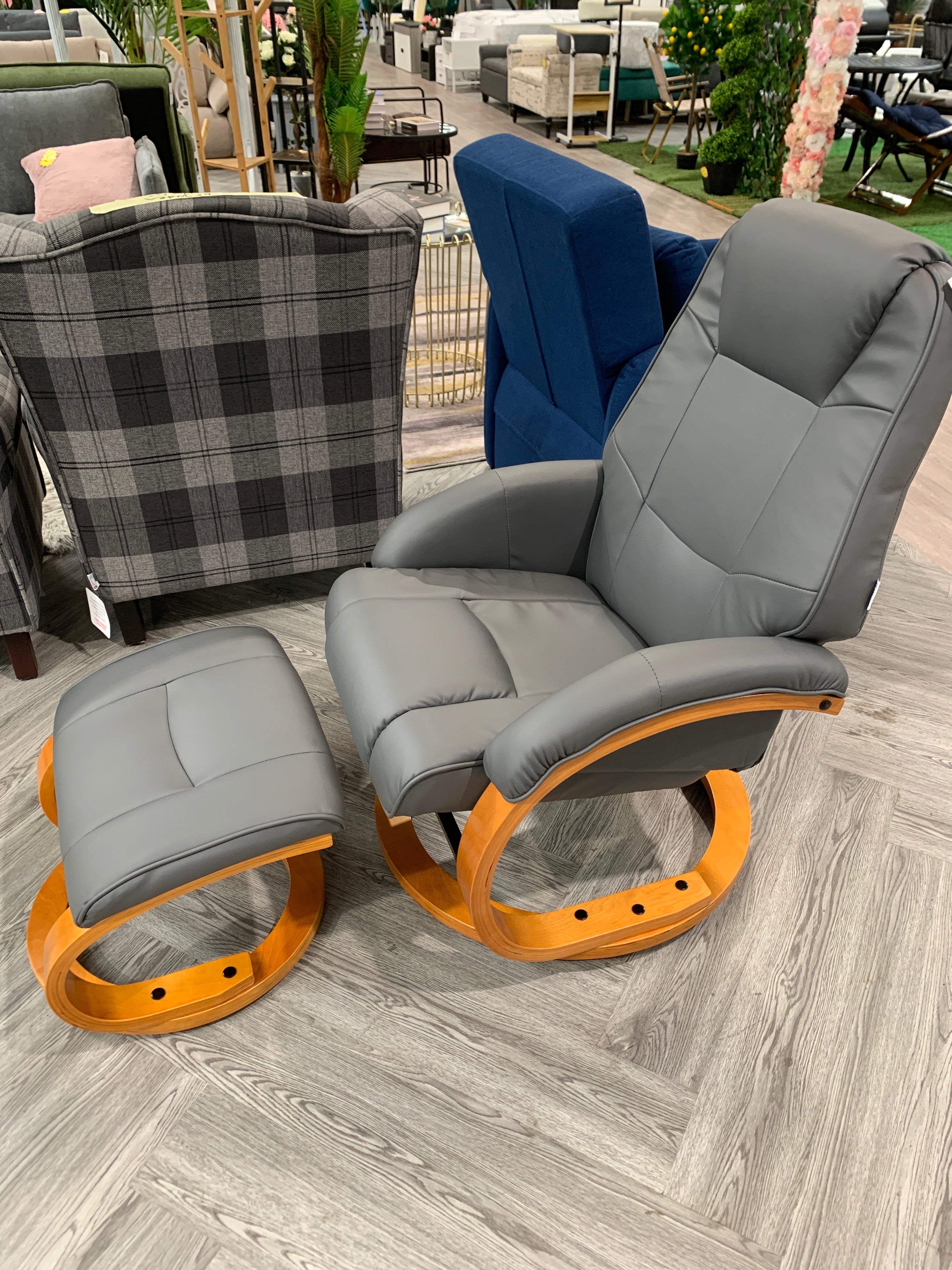 Grey PU Leather Executive Office Reclining Chair with Footstool