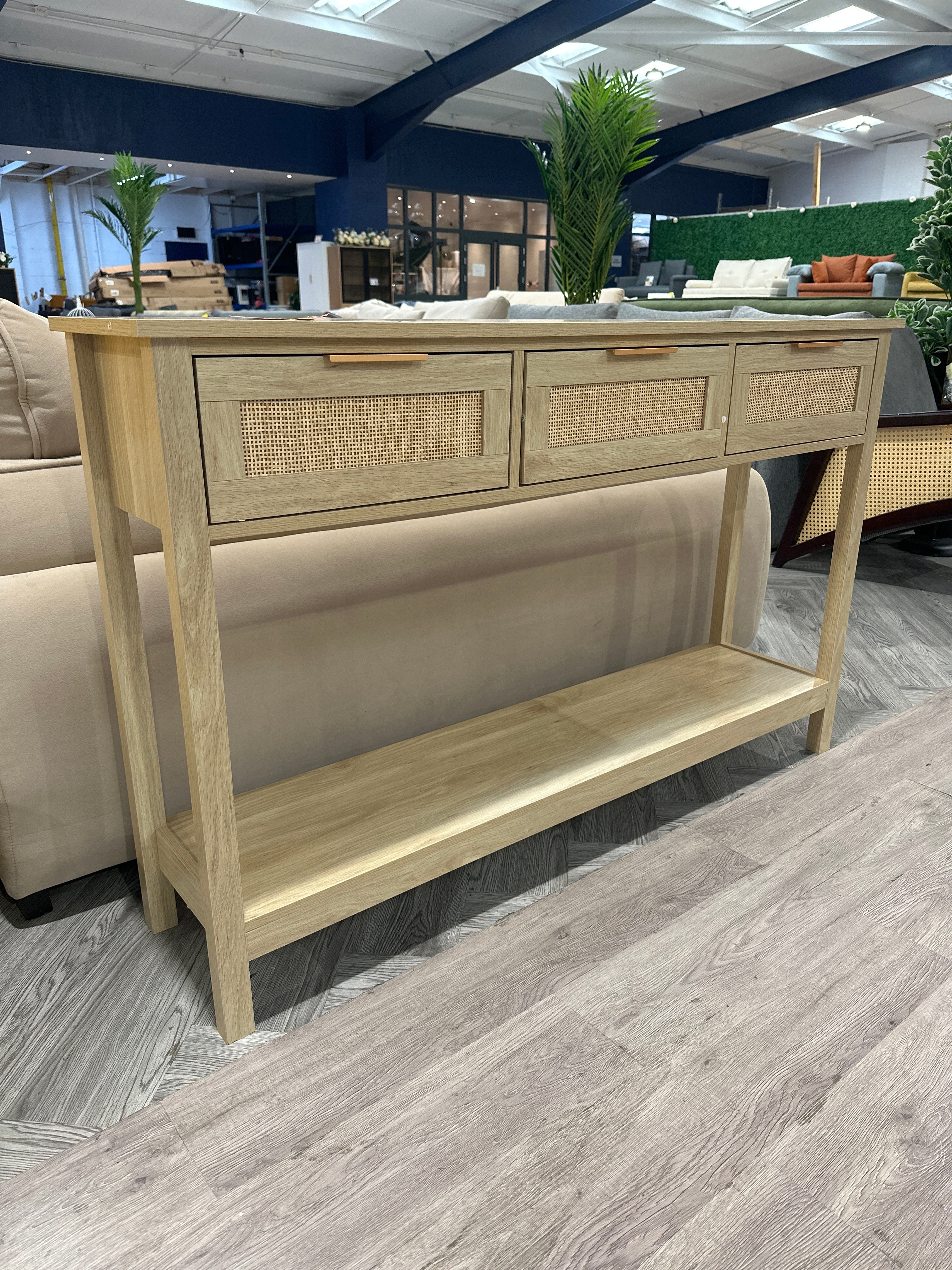 Rustic Wood Console Table with 3 Rattan Drawers Natural