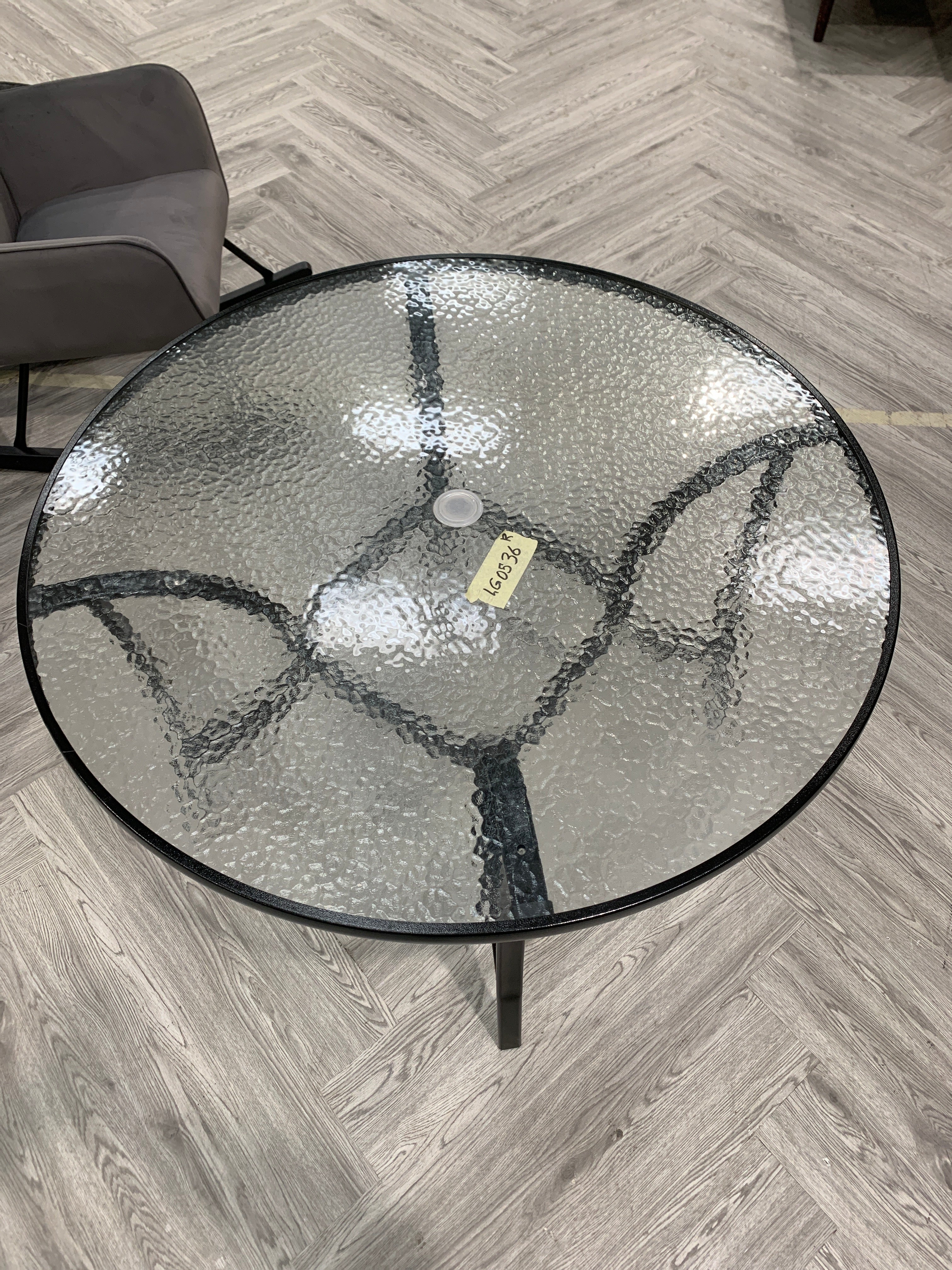 Black Round Tempered Glass Outdoor Coffee Table with Parasol Hole Dia 105cm
