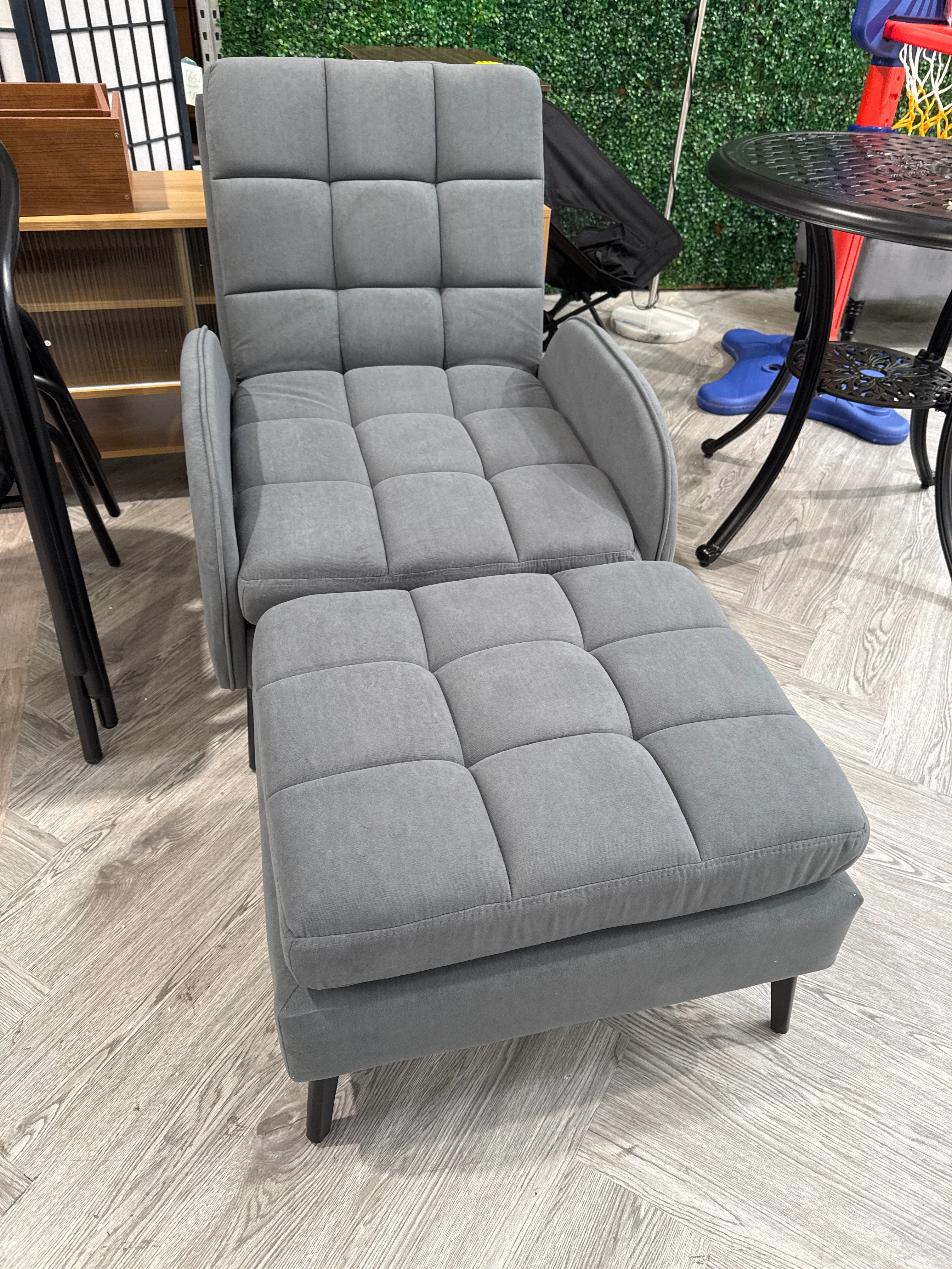 Grey Velevet Leisure Recliner and Footstool Set with Metal Legs
