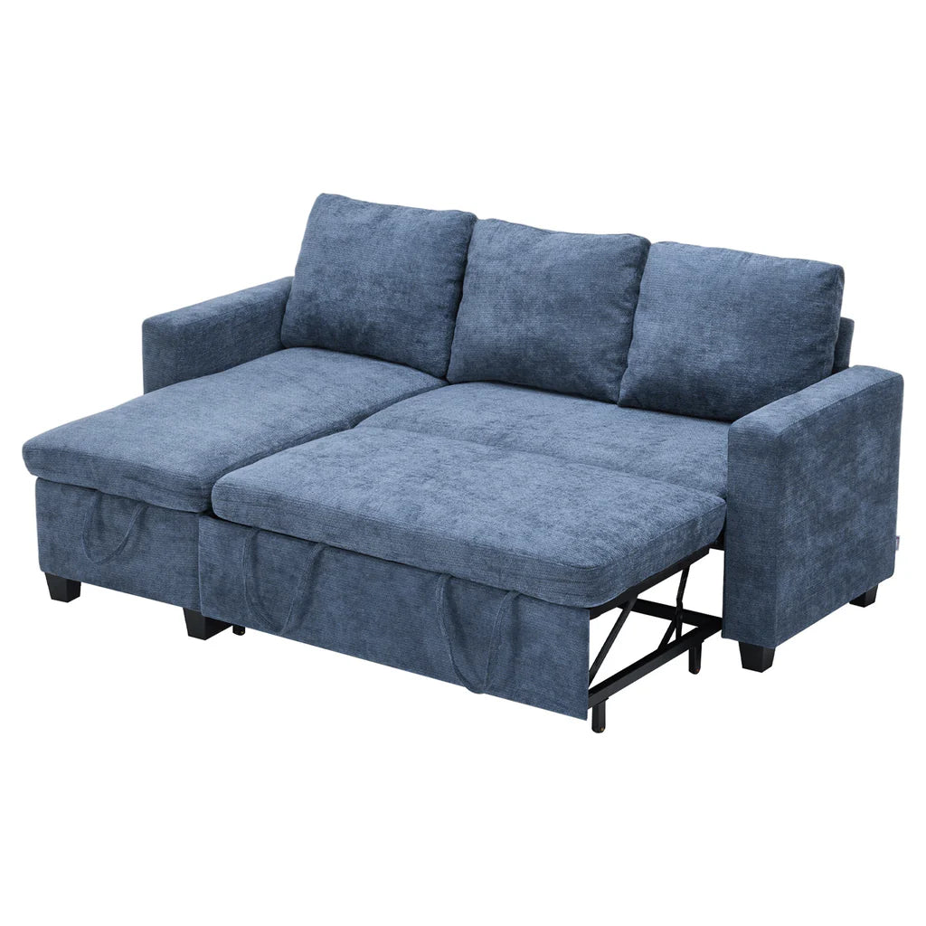 New 3 Seater L Shaped Chenille Upholstered Corner Sofa Bed with Storage Blue