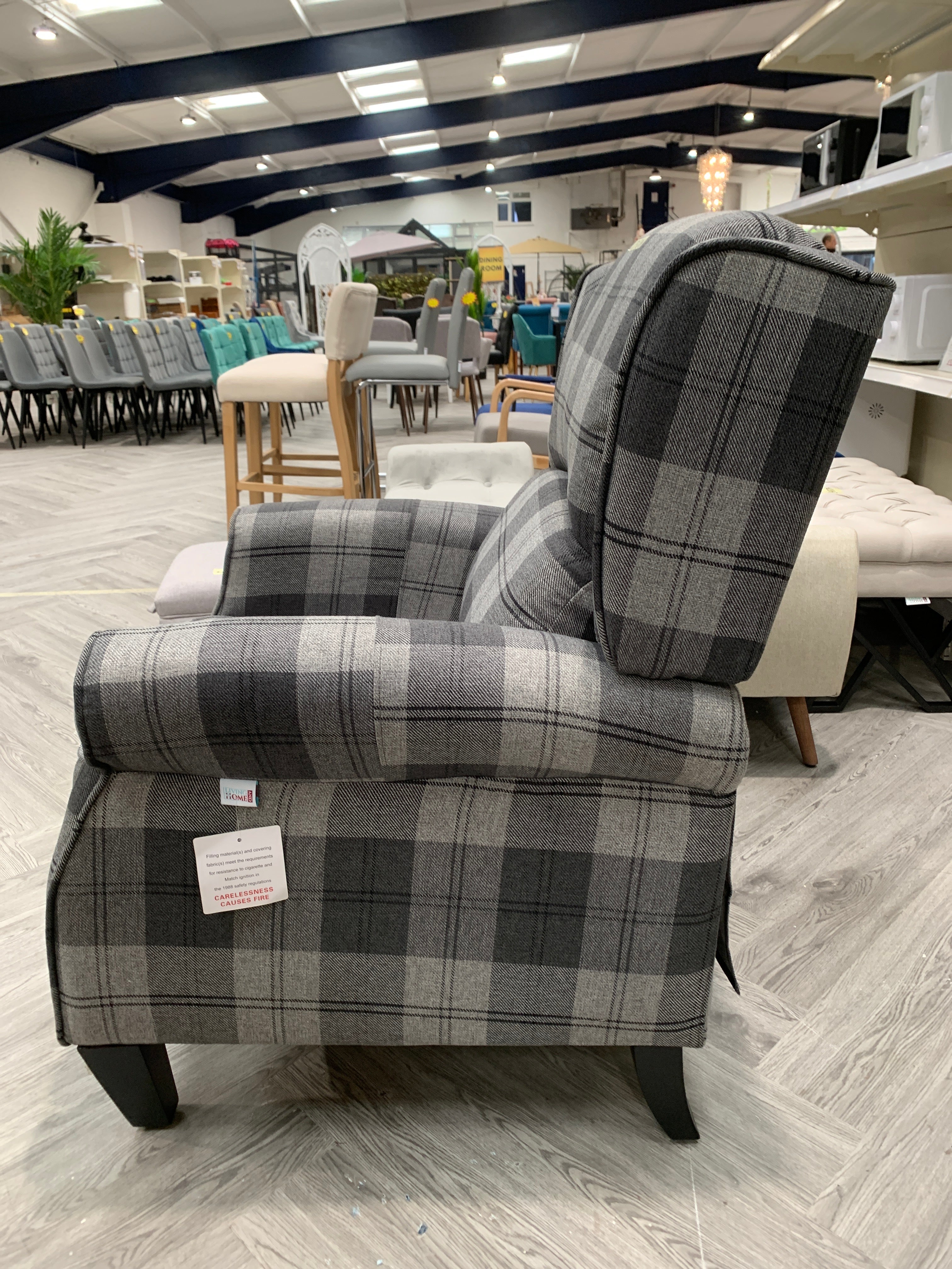 High Back Fabric Armchair Grey Tartan Motion Reclining Chair
