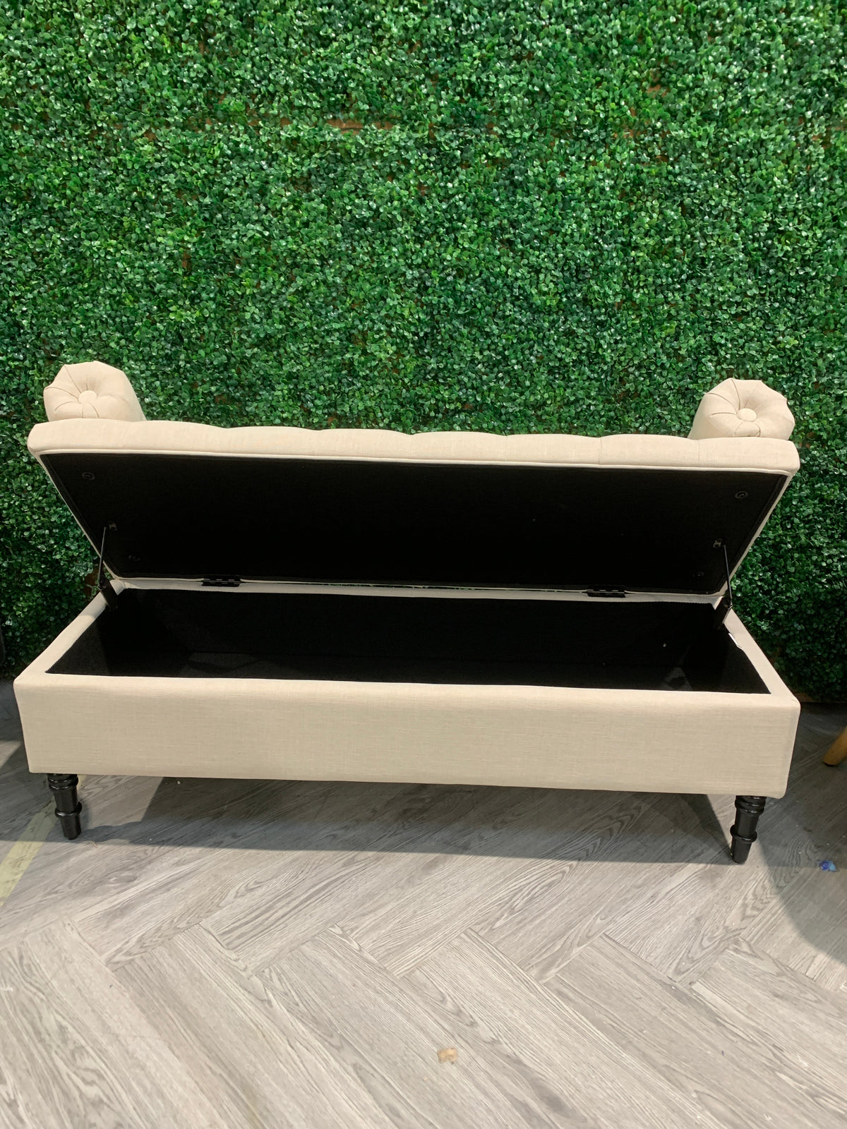 Beige Flip Top Storage Bench with Side Arms