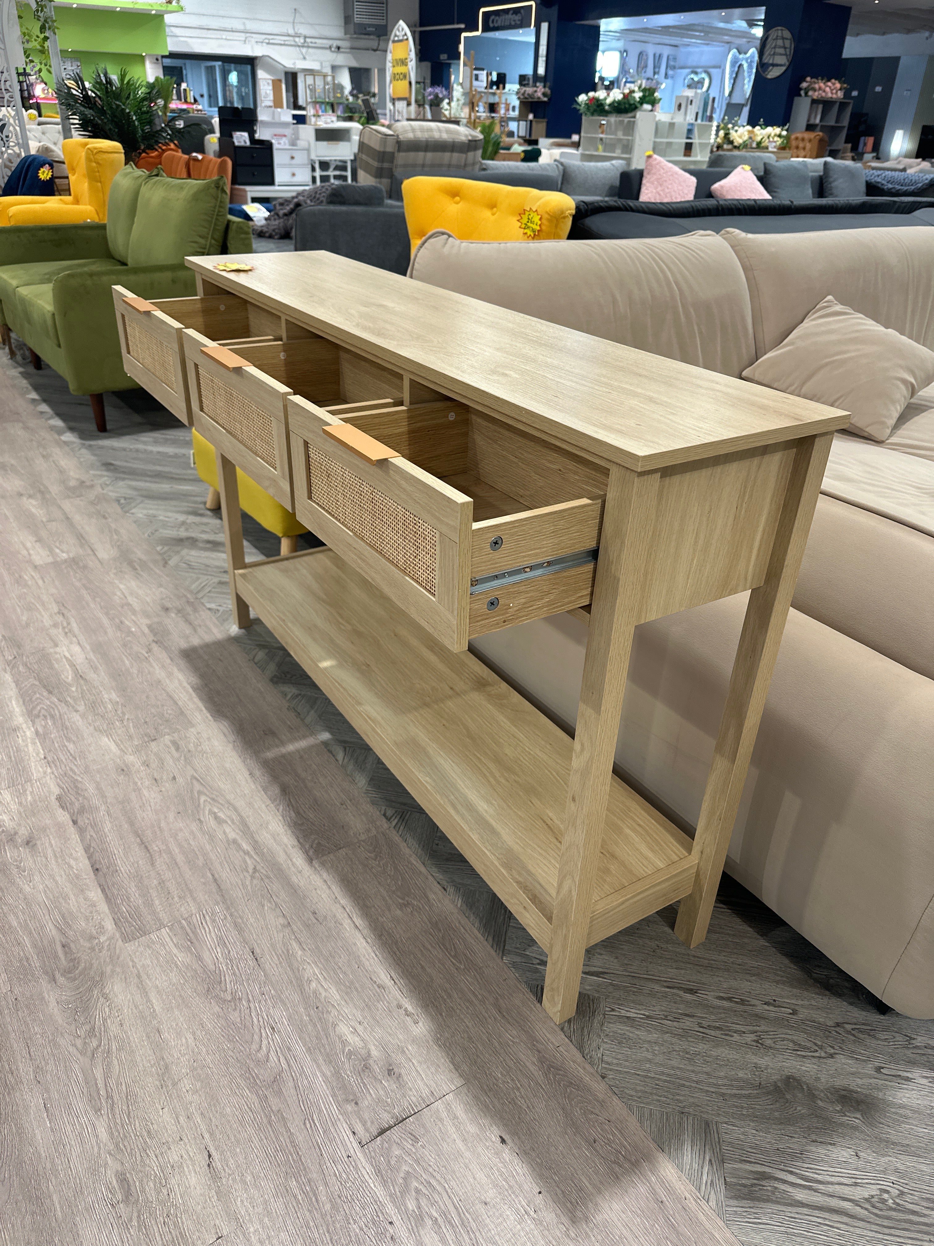 Rustic Wood Console Table with 3 Rattan Drawers Natural
