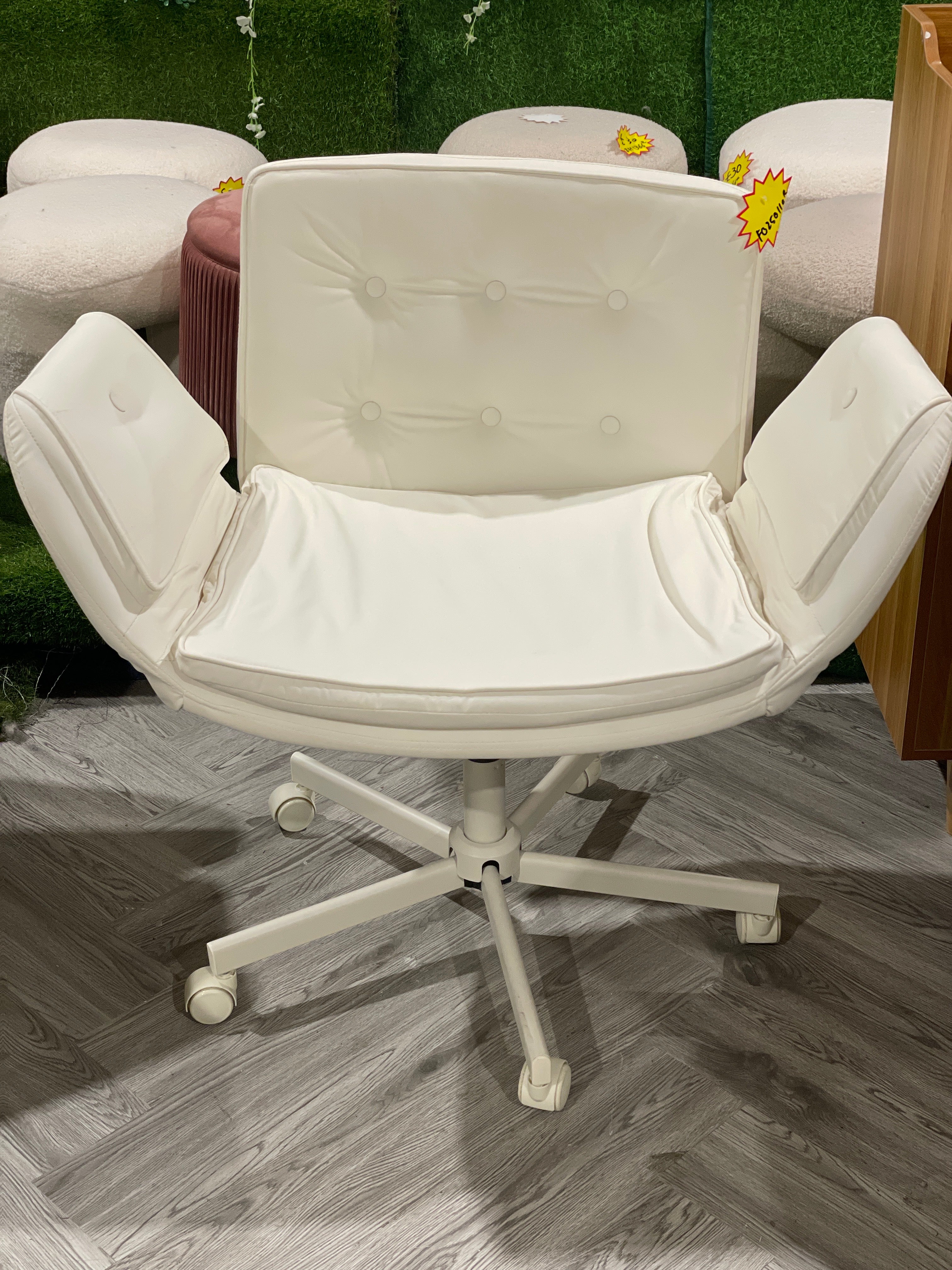 Cross Legged Button Tufted Office Chair with Armrests and Wheels Beige