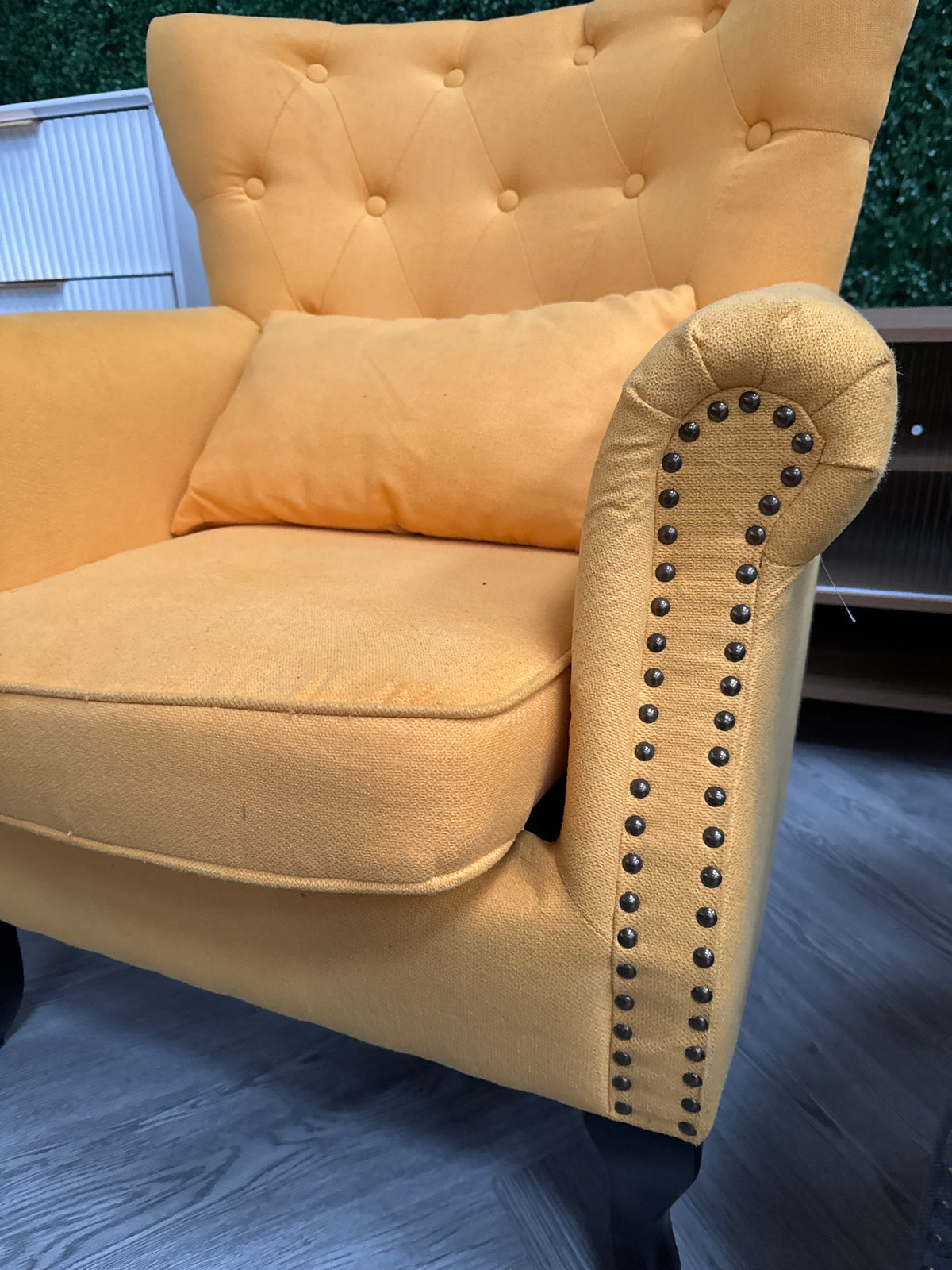Yellow Upholstered Nail Head Modern Buttoned Linen Armchair with Lumbar Pillow and Cushion