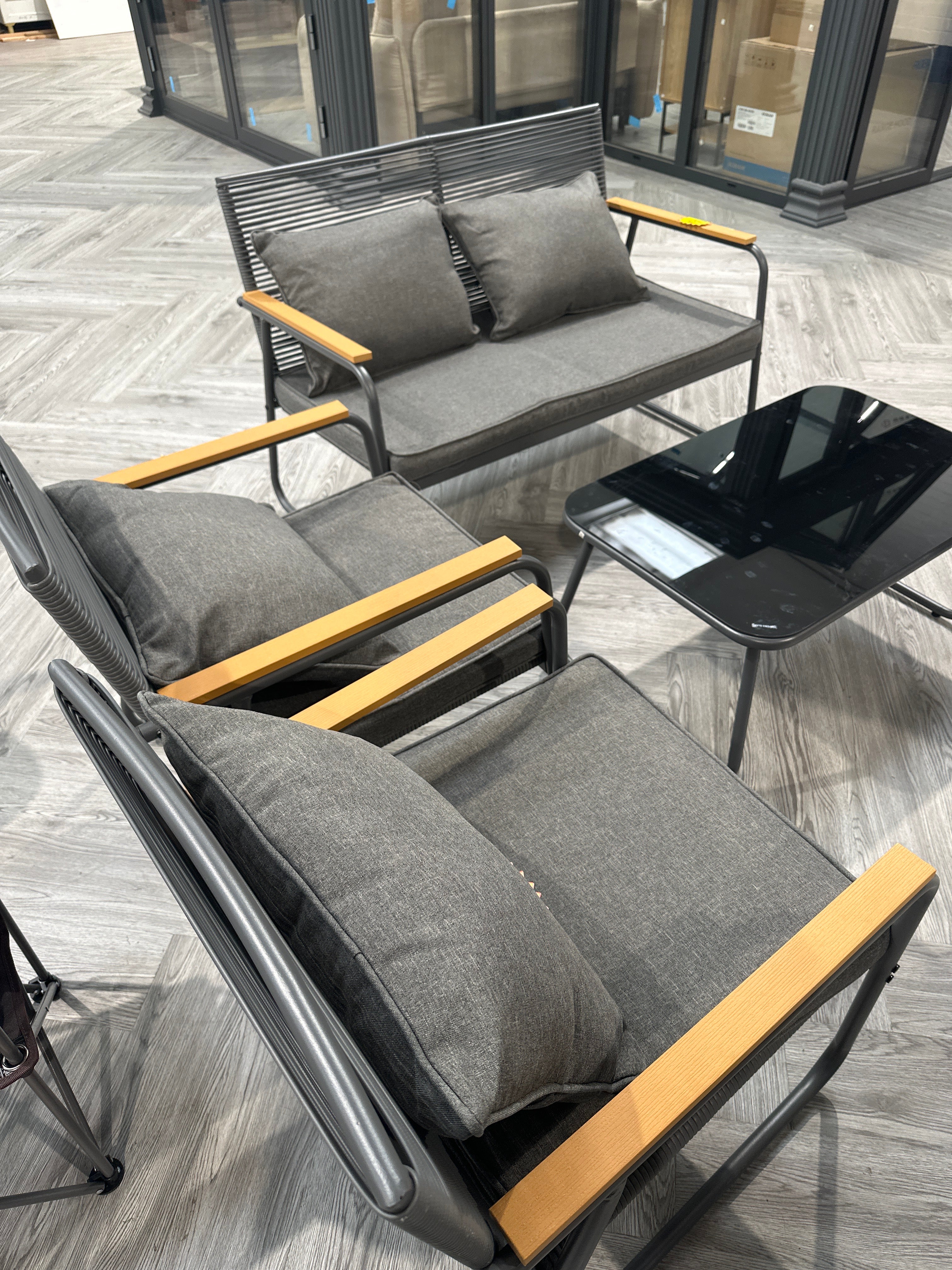 Set of 4 Grey Cushioned Black Steel Rope Outdoor Sofa Set with Coffee Table