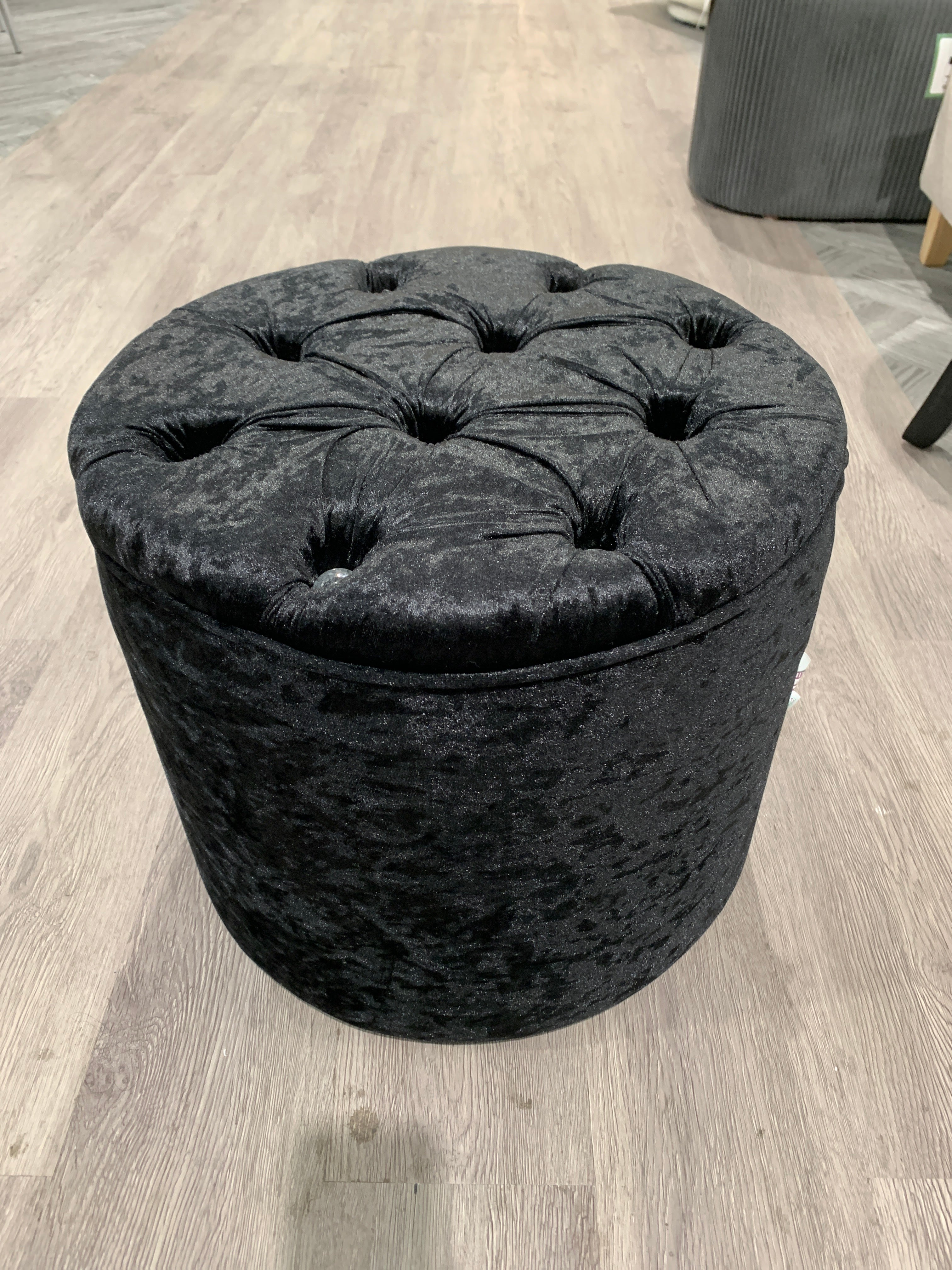 Black Round Velvet Diamond Buttoned Footstool Ottoman