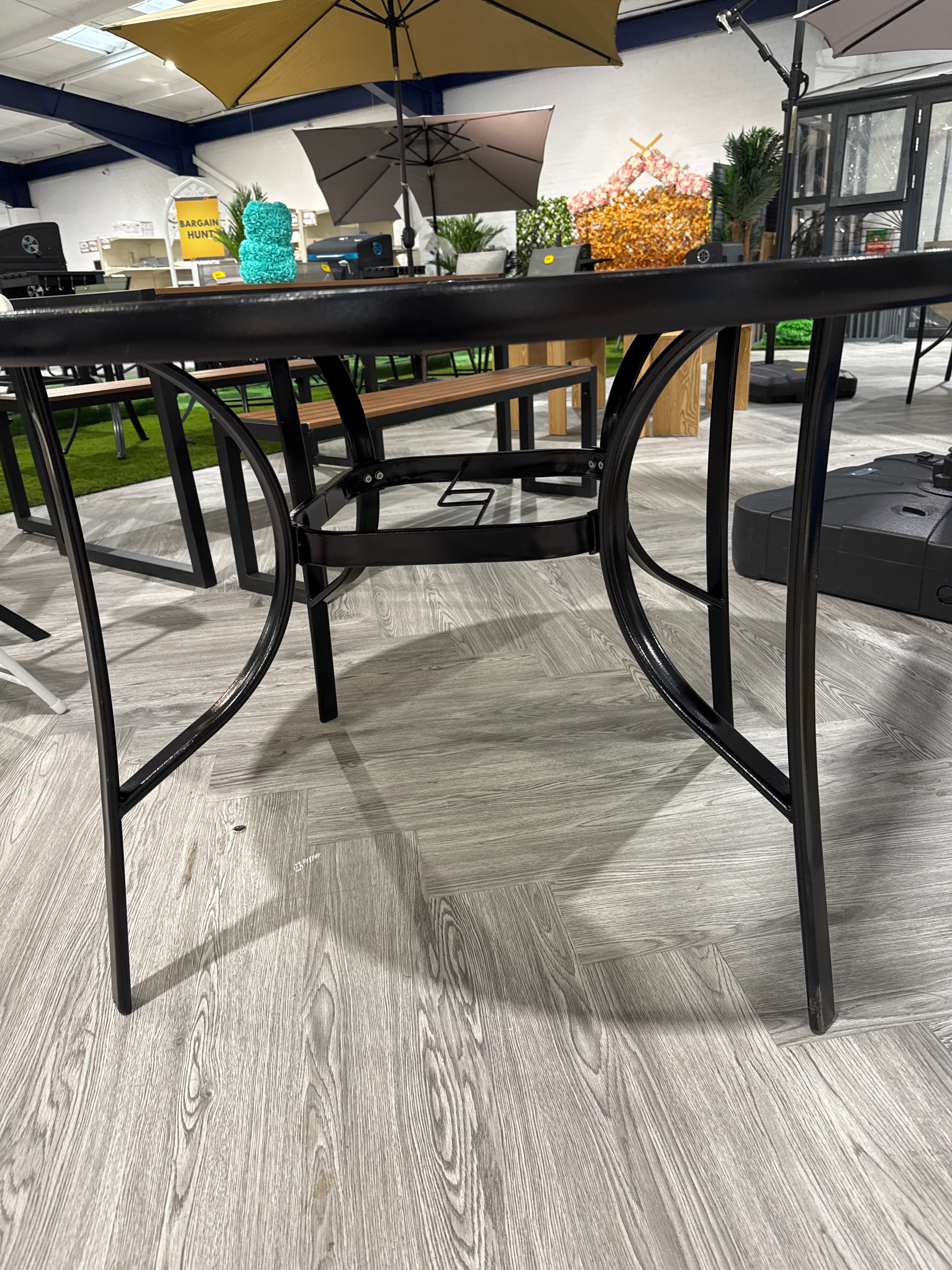 Round Metallic and Tempered Glass Garden Table with Parasol Hole Outdoor Dia 105cm