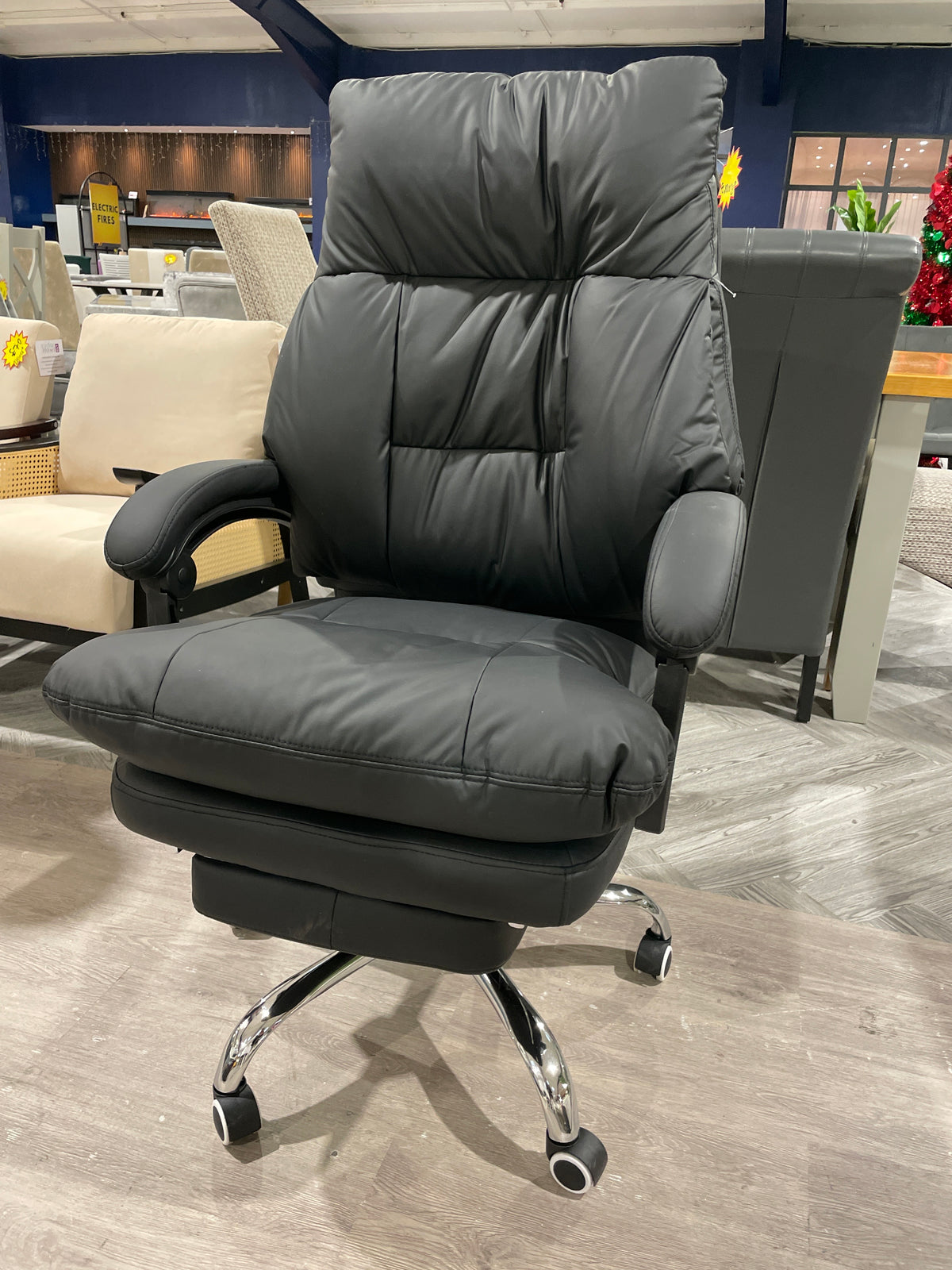 High Backrest Faux Leather Office Chair with Armrest and Footrest Black
