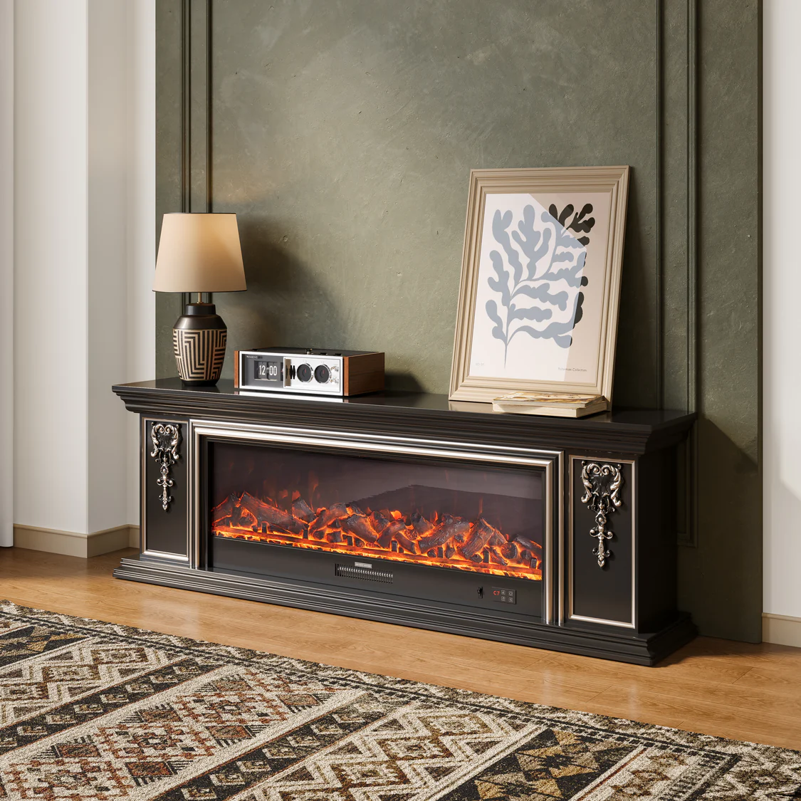 New Black Gold Trim TV Cabinet Electric Fireplace with APP Control & Flame Sound
