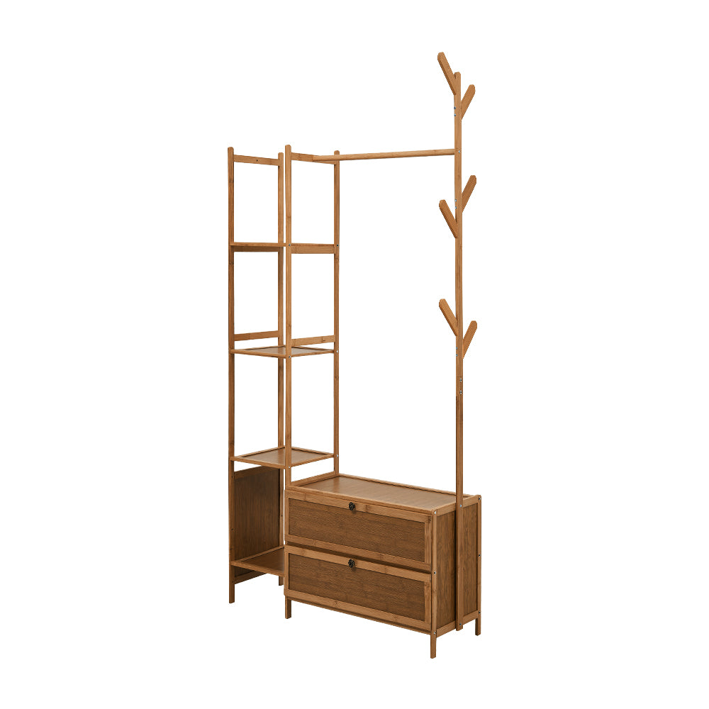 New Multi Functional Wooden Coat Rack with 2 Storage Drawers Brown