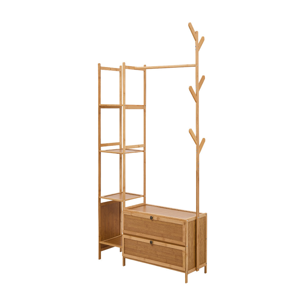 New Multi Functional Wooden Coat Rack with Storage Cabinets Natural
