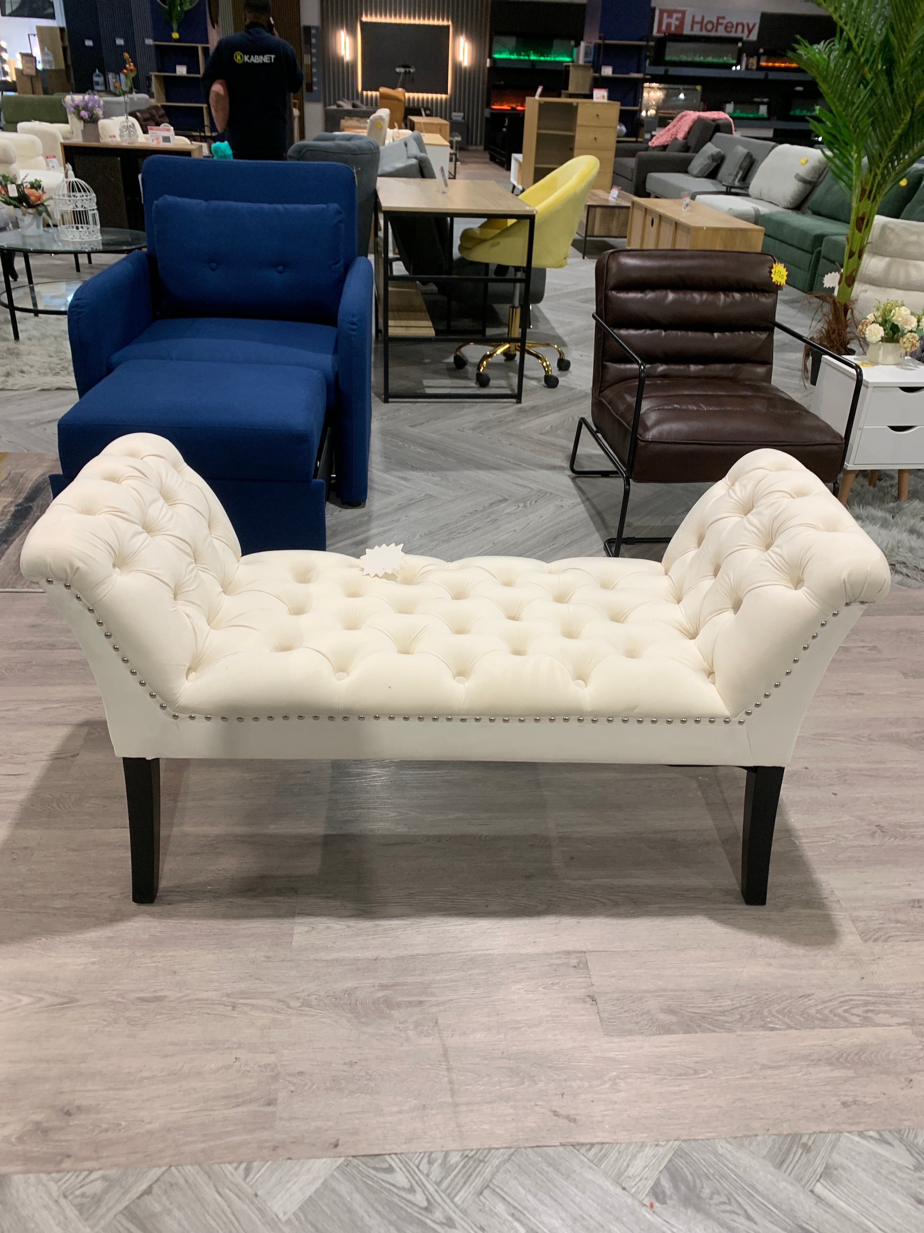 Creamy White Velvet Buttoned Bench with Black Wood Legs and Nailhead Trim