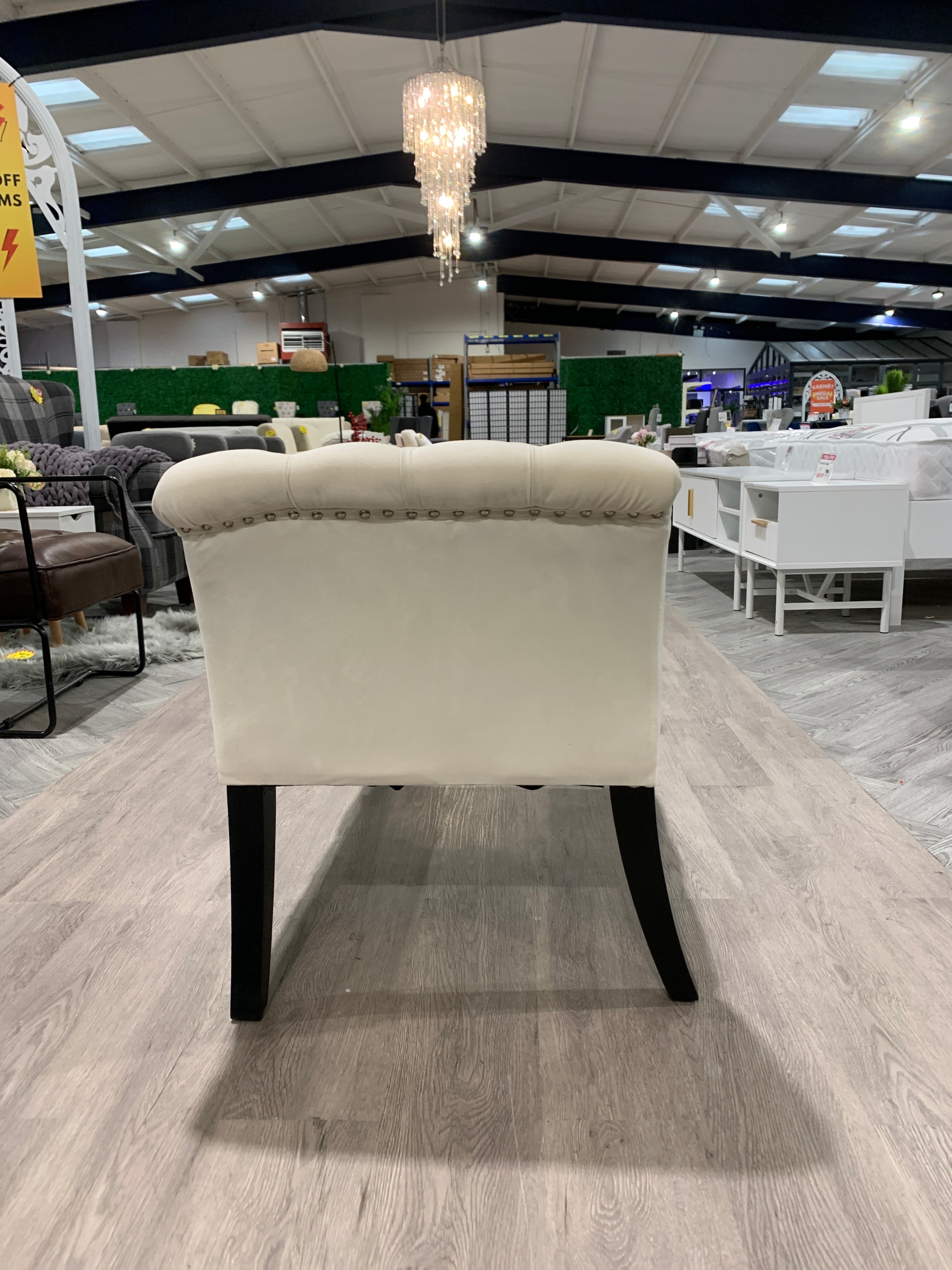 Creamy White Velvet Buttoned Bench with Black Wood Legs and Nailhead Trim