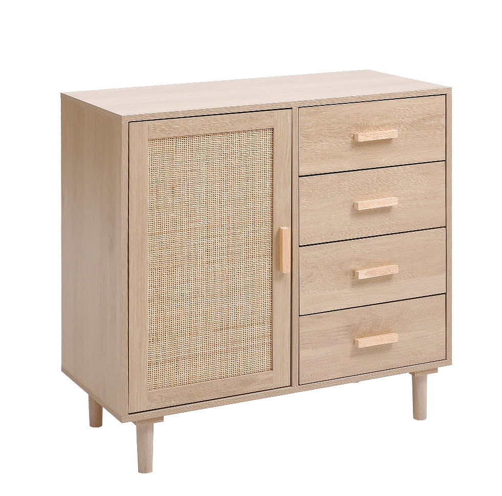 New Wood and Rattan Accent Side Cabinet 1 Door 4 Drawer