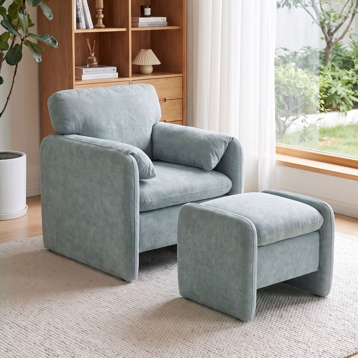 New Chenille Upholstered Armchair with Footstool Grey