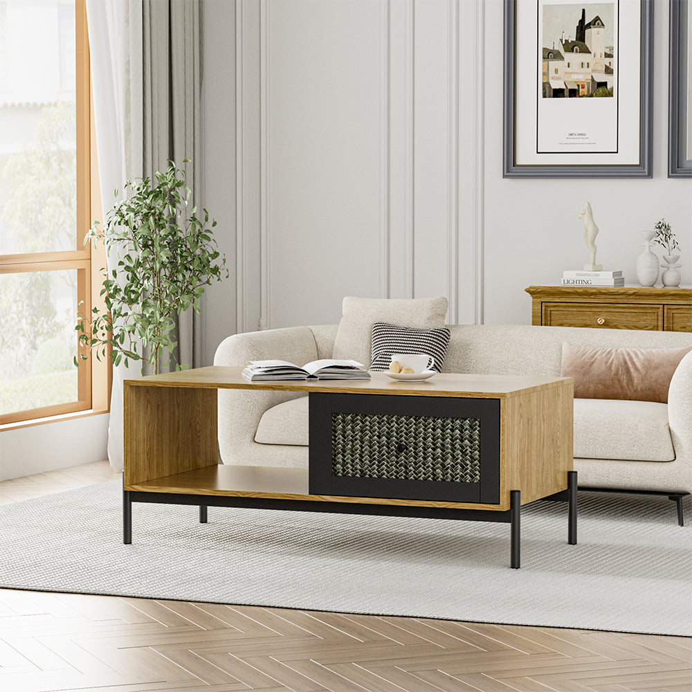 New Black Rattan Door Coffee Table with Storage for Living Room