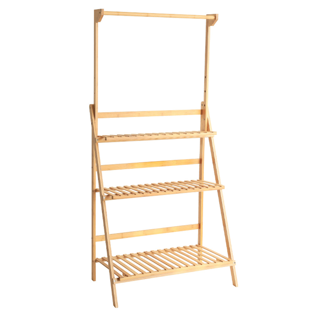 New 3 Tier Foldable Wooden Ladder Shelf with Hanging Rod