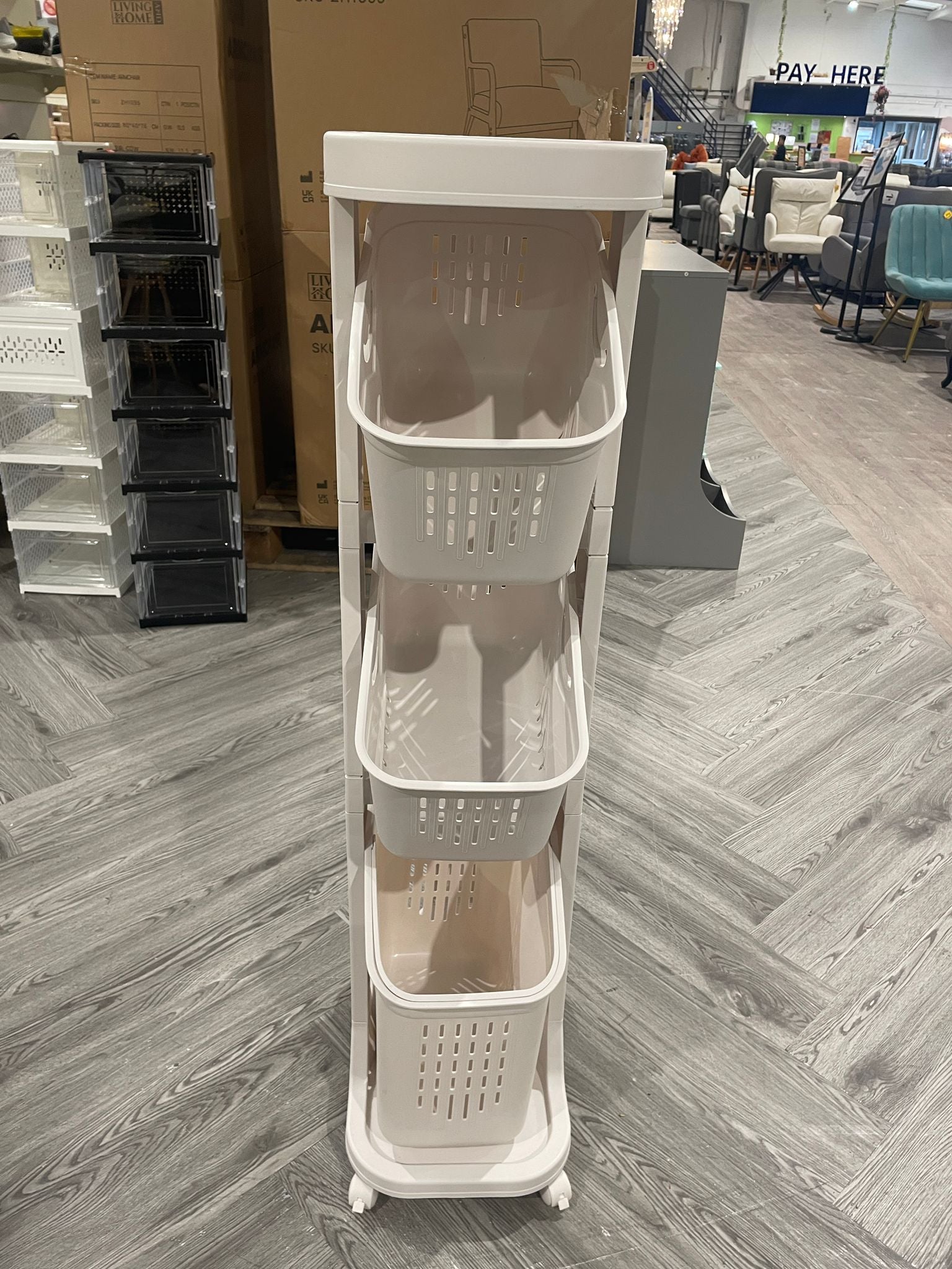 4 Tier Storage Rack Laundry Basket with Wheels White