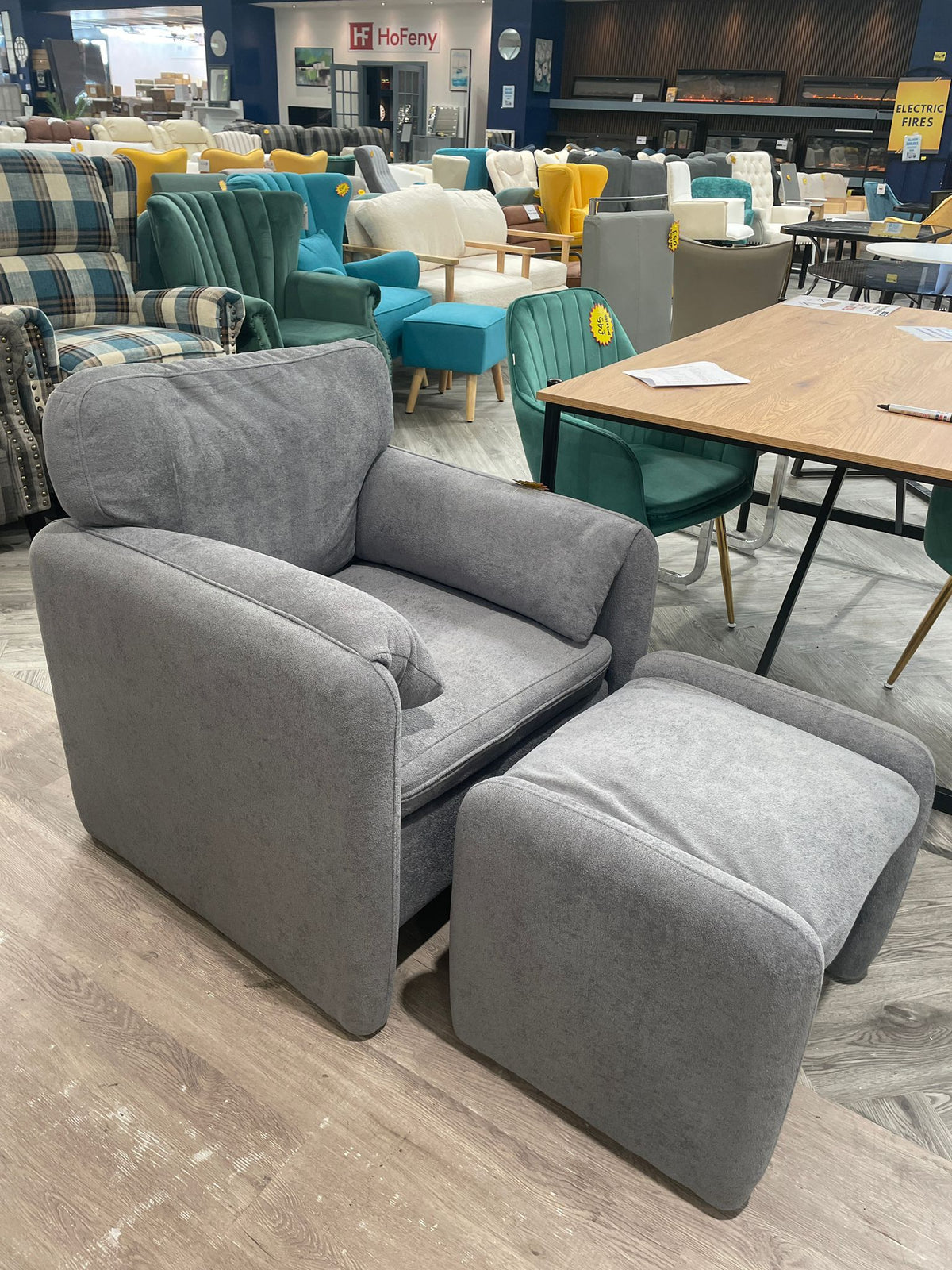 Chenille Upholstered Armchair with Footstool Grey
